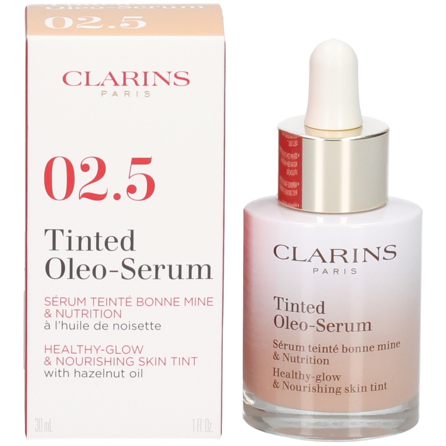 Flacon et boîte Clarins Tinted Oleo-Serum, teinte 02.5.