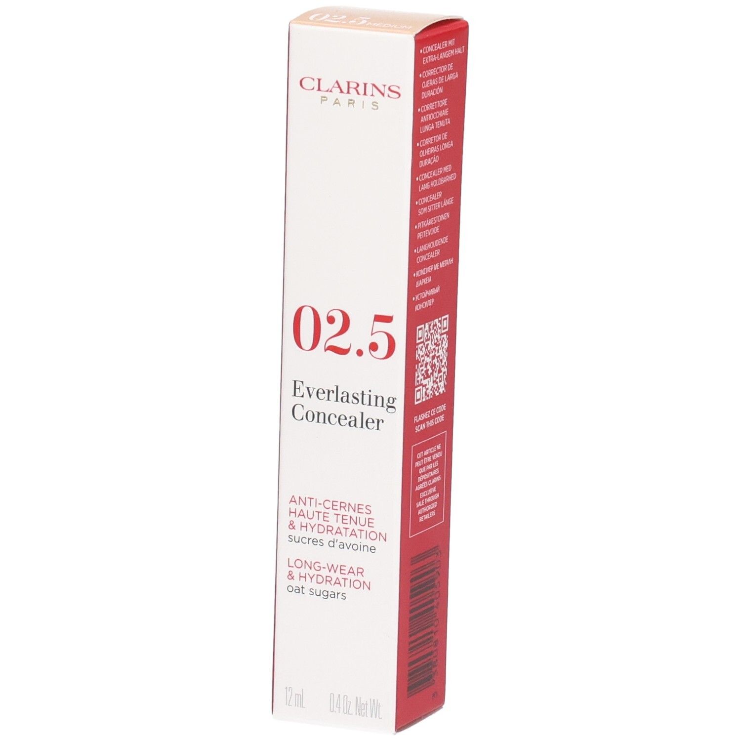 Clarins Everlasting Concealer 02.5 Medium sur un emballage blanc avec des accents rouges.
