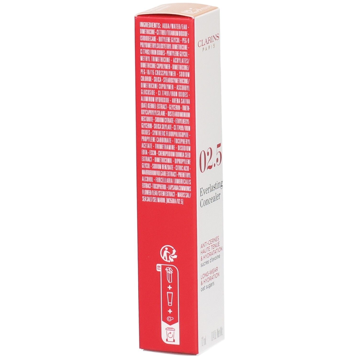 Emballage du Clarins Everlasting Concealer 02.5 Medium avec liste d'ingrédients et instructions.