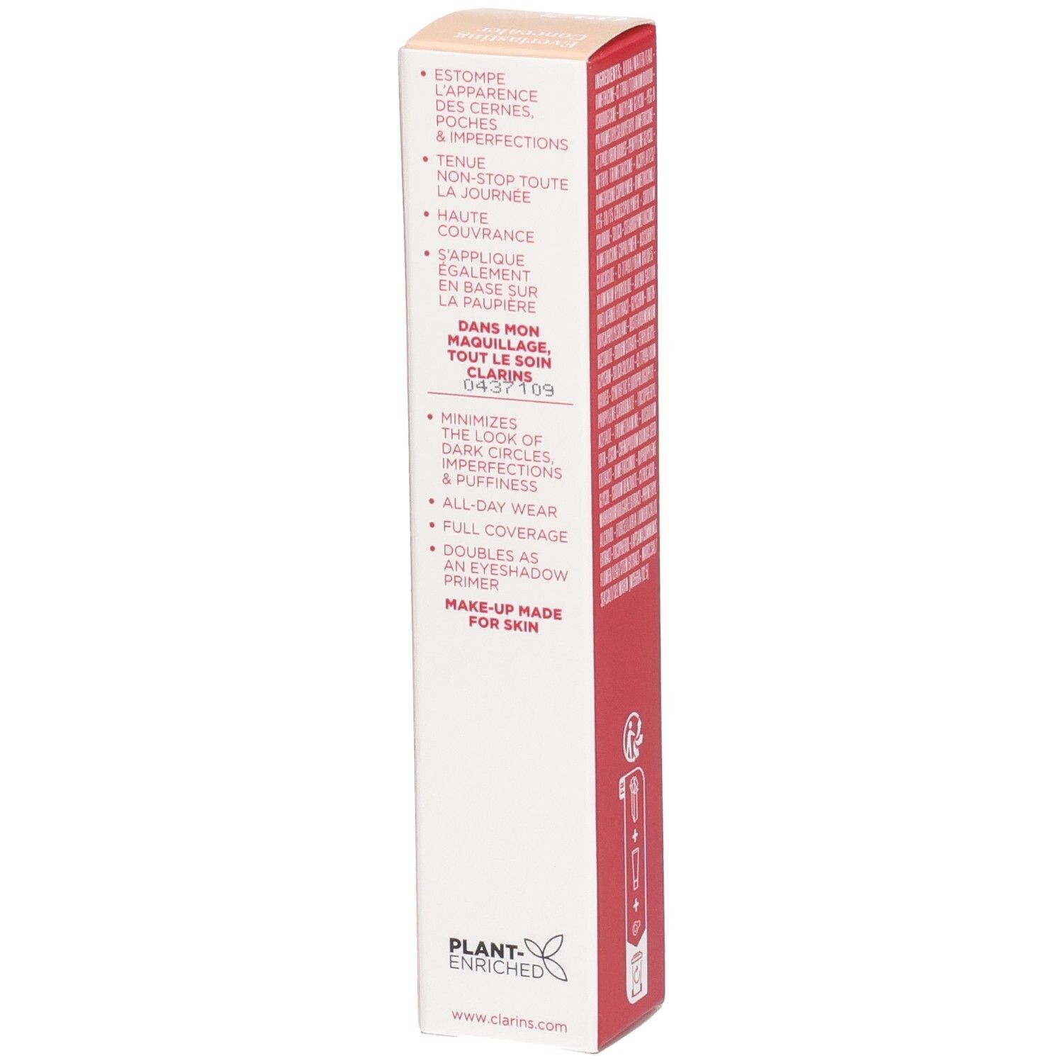 Emballage Clarins Everlasting Concealer 02.5 Medium avec avantages produit en plusieurs langues.