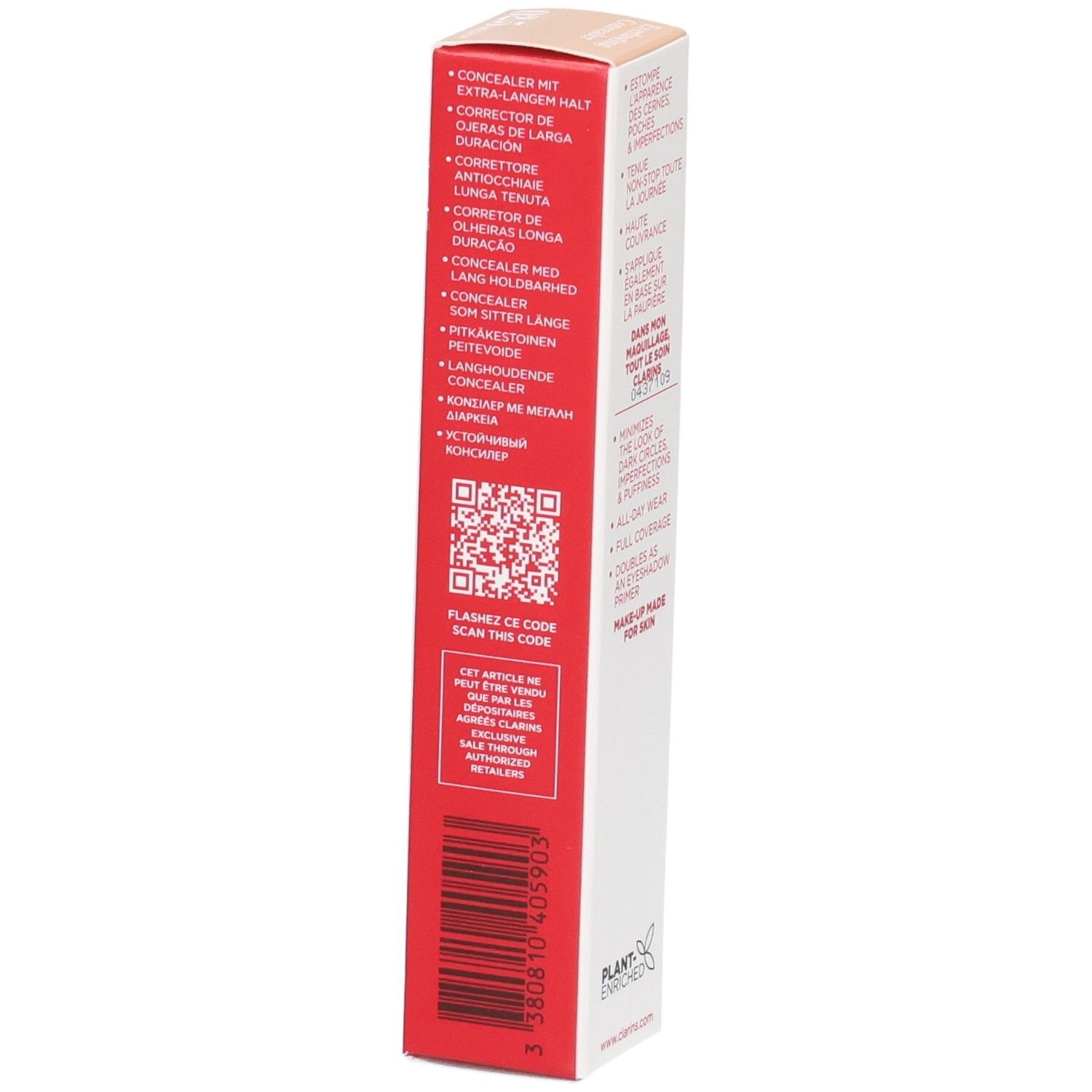 Emballage Clarins Everlasting Concealer 02.5 Medium avec QR code et code-barres.