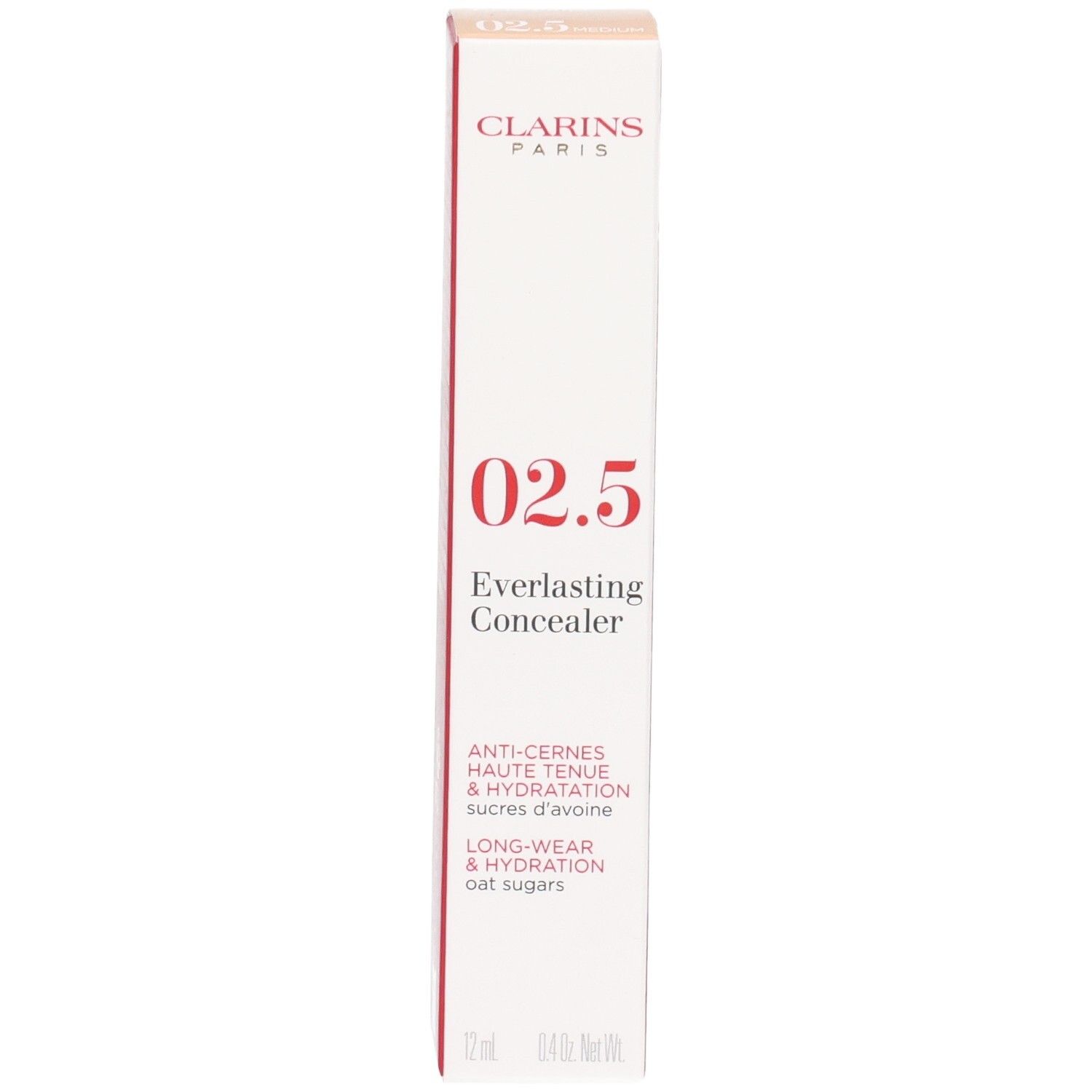Clarins Everlasting Concealer 02.5 Medium sur emballage blanc avec accents rouges, gros plan.