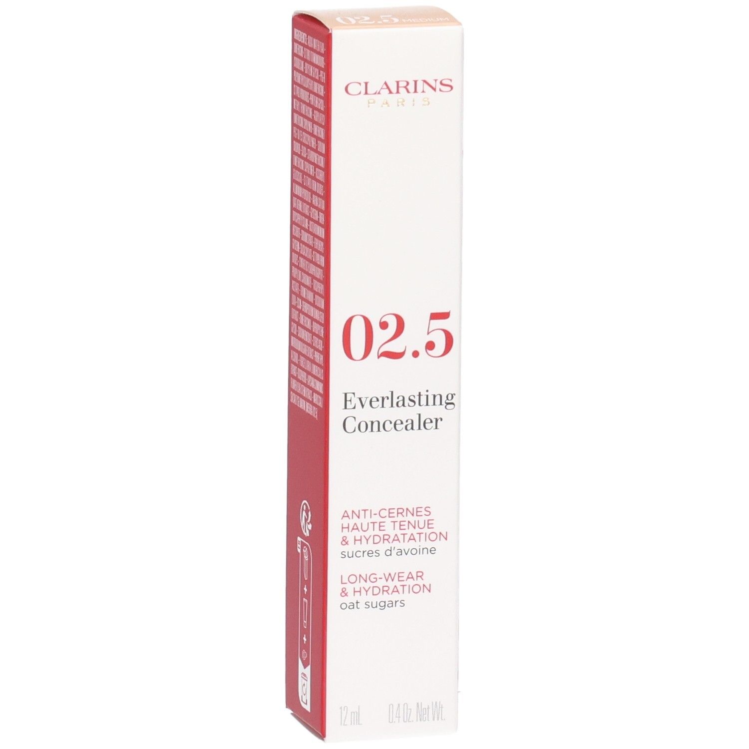 Clarins Everlasting Concealer 02.5 Medium sur emballage blanc avec accents rouges, vue latérale.