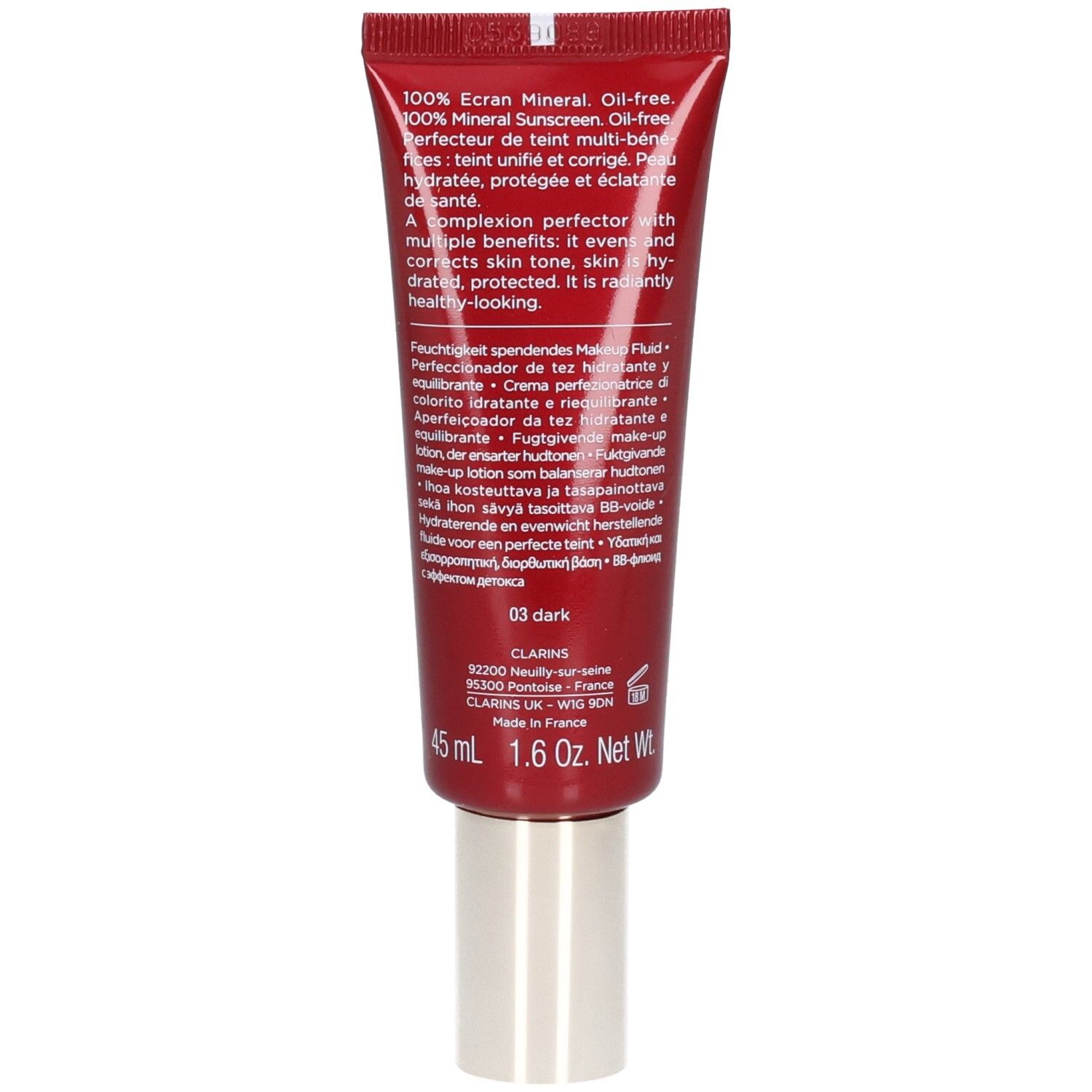 Clarins BB Skin Detox Fluid SPF25 03 Dark Tube, verso avec texte.