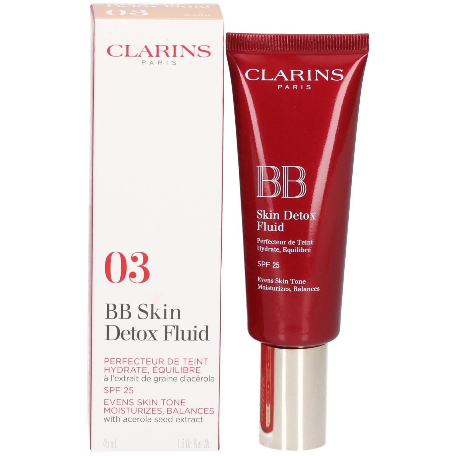 Clarins BB Skin Detox Fluid SPF25 03 Dark tube et boîte.