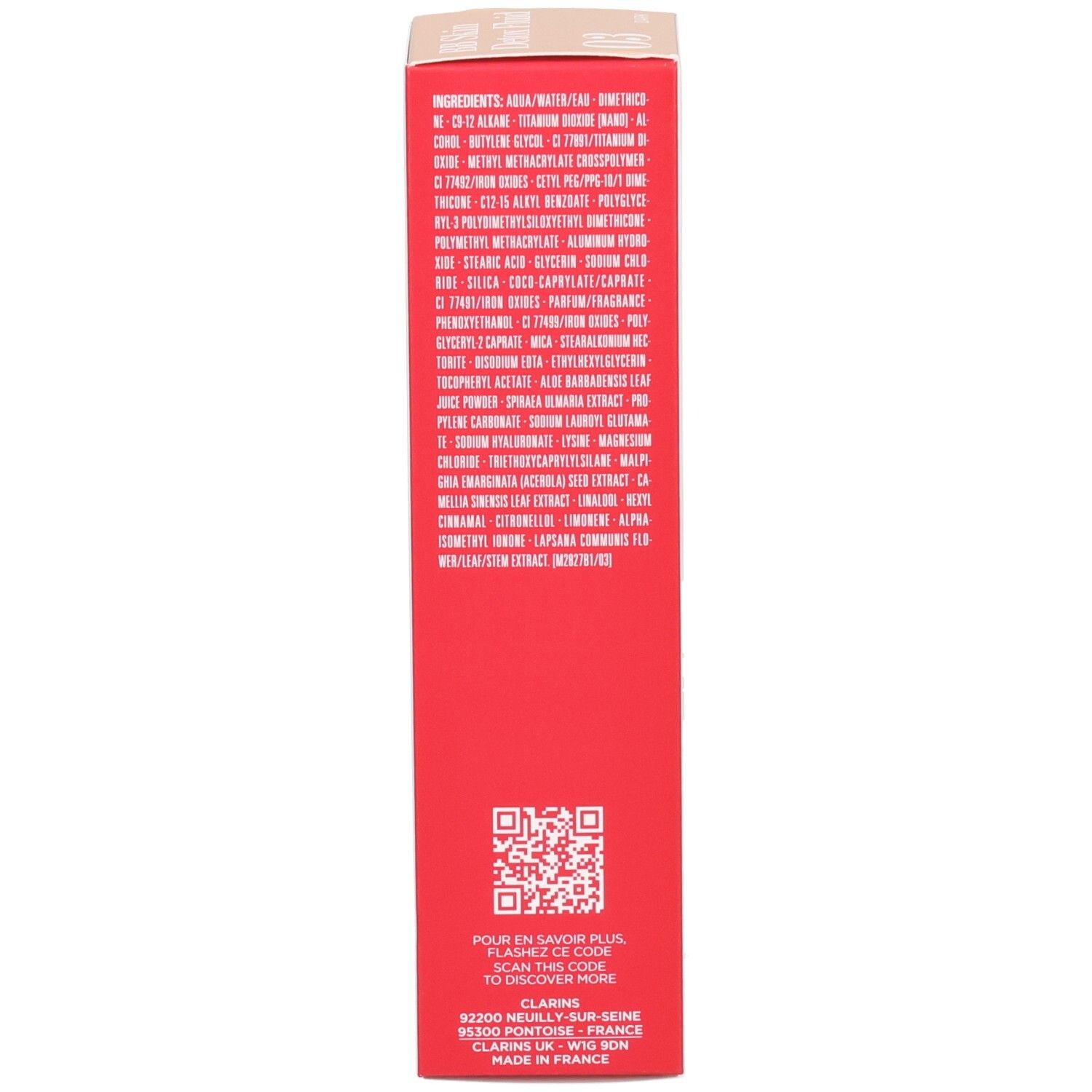 Boîte Clarins BB Skin Detox Fluid SPF25 03 Dark, verso avec texte.