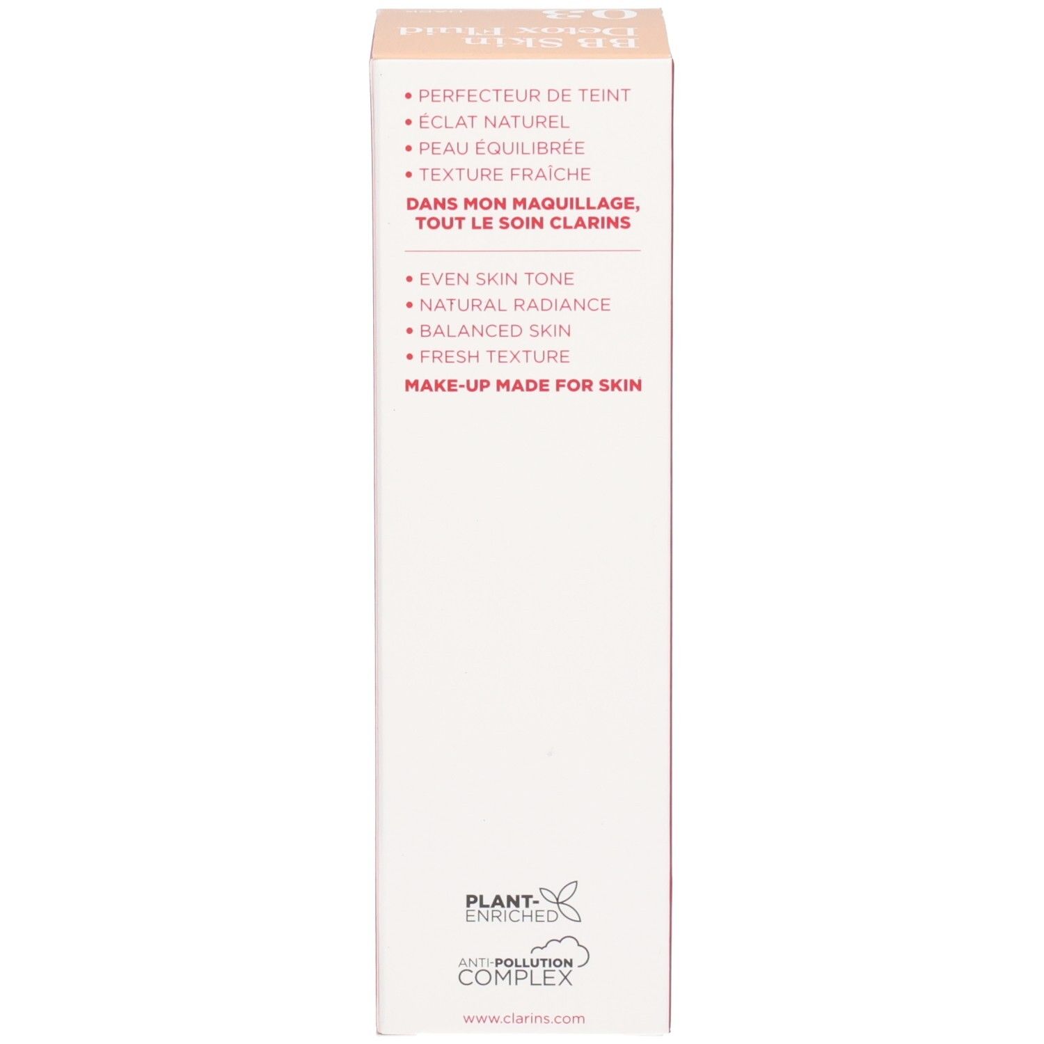 Boîte Clarins BB Skin Detox Fluid SPF25 03 Dark, côté avec texte.