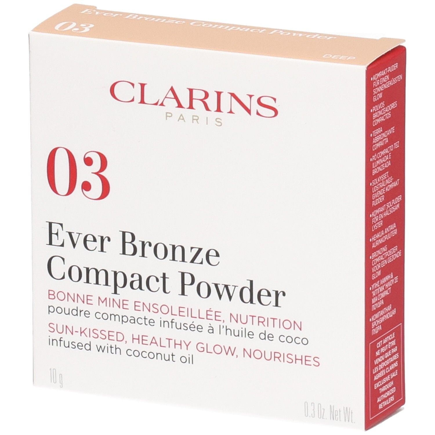 Emballage Clarins Ever Bronze Compact Powder 03, face avant. Contient des informations produit et le nom de la marque.