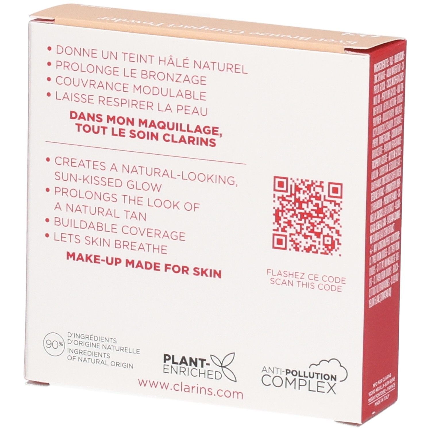 Emballage Clarins Ever Bronze Compact Powder 03, dos avec avantages produit, QR code et certifications.