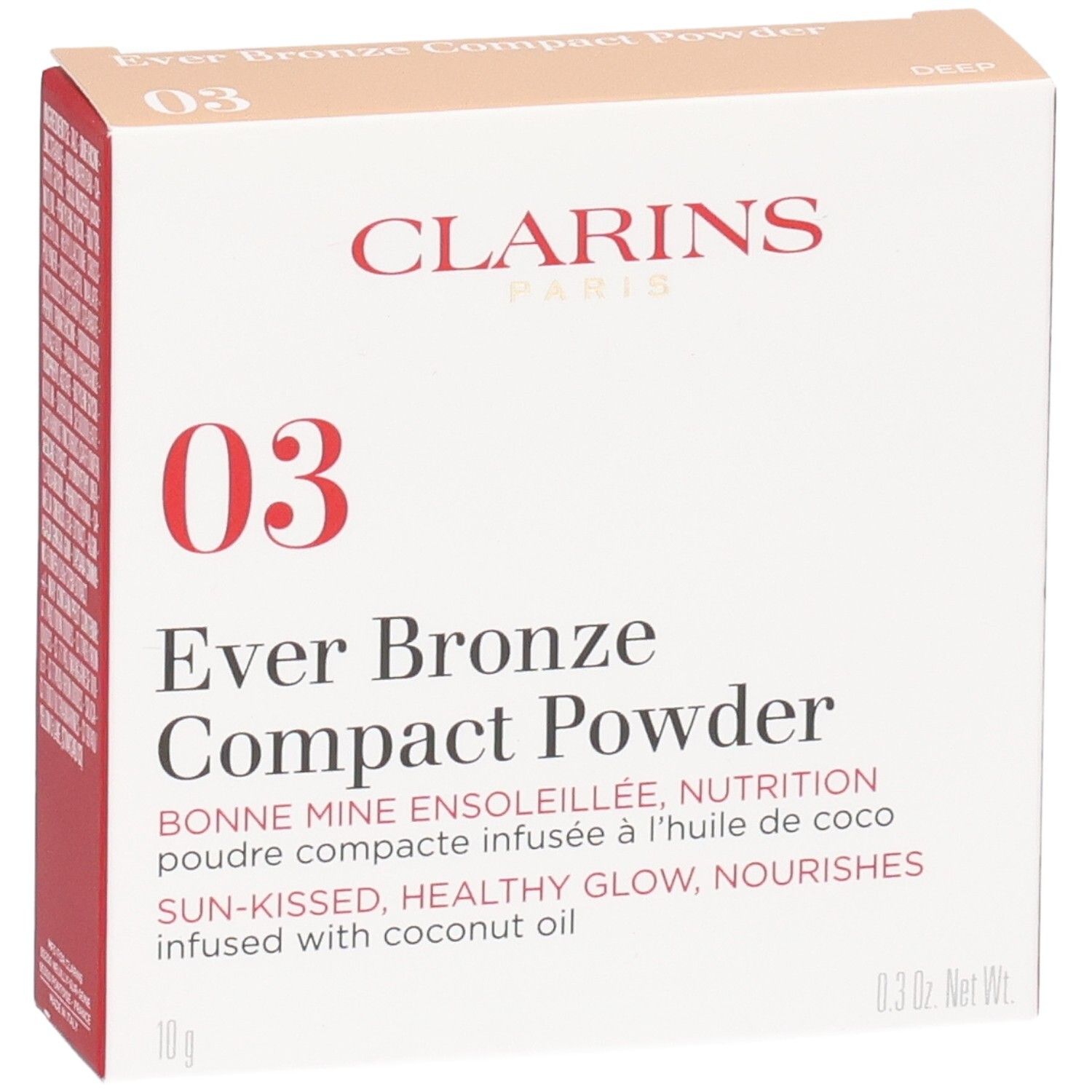 Emballage Clarins Ever Bronze Compact Powder 03, face avant. Contient des informations produit et le nom de la marque.