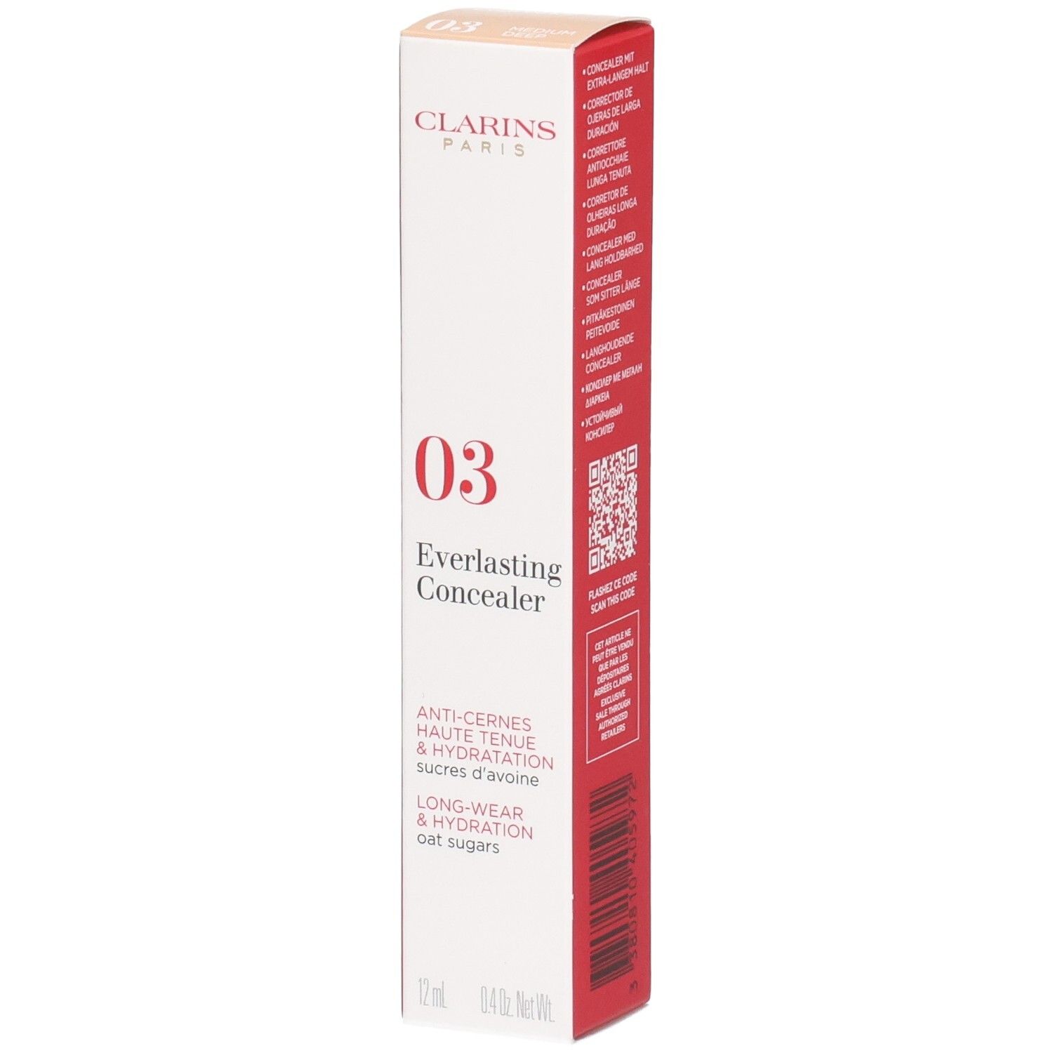 Clarins Everlasting Concealer 03 emballage extérieur, face avant avec informations produit.