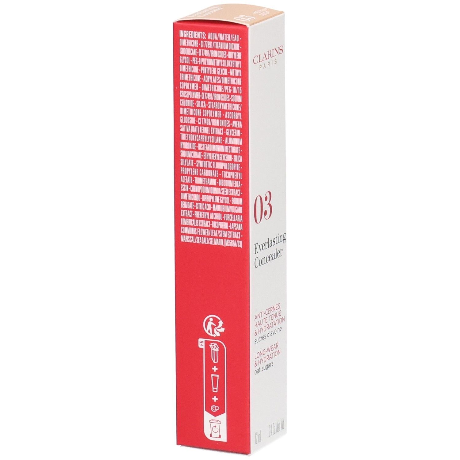 Clarins Everlasting Concealer 03 emballage extérieur, côté avec liste des ingrédients et instructions.