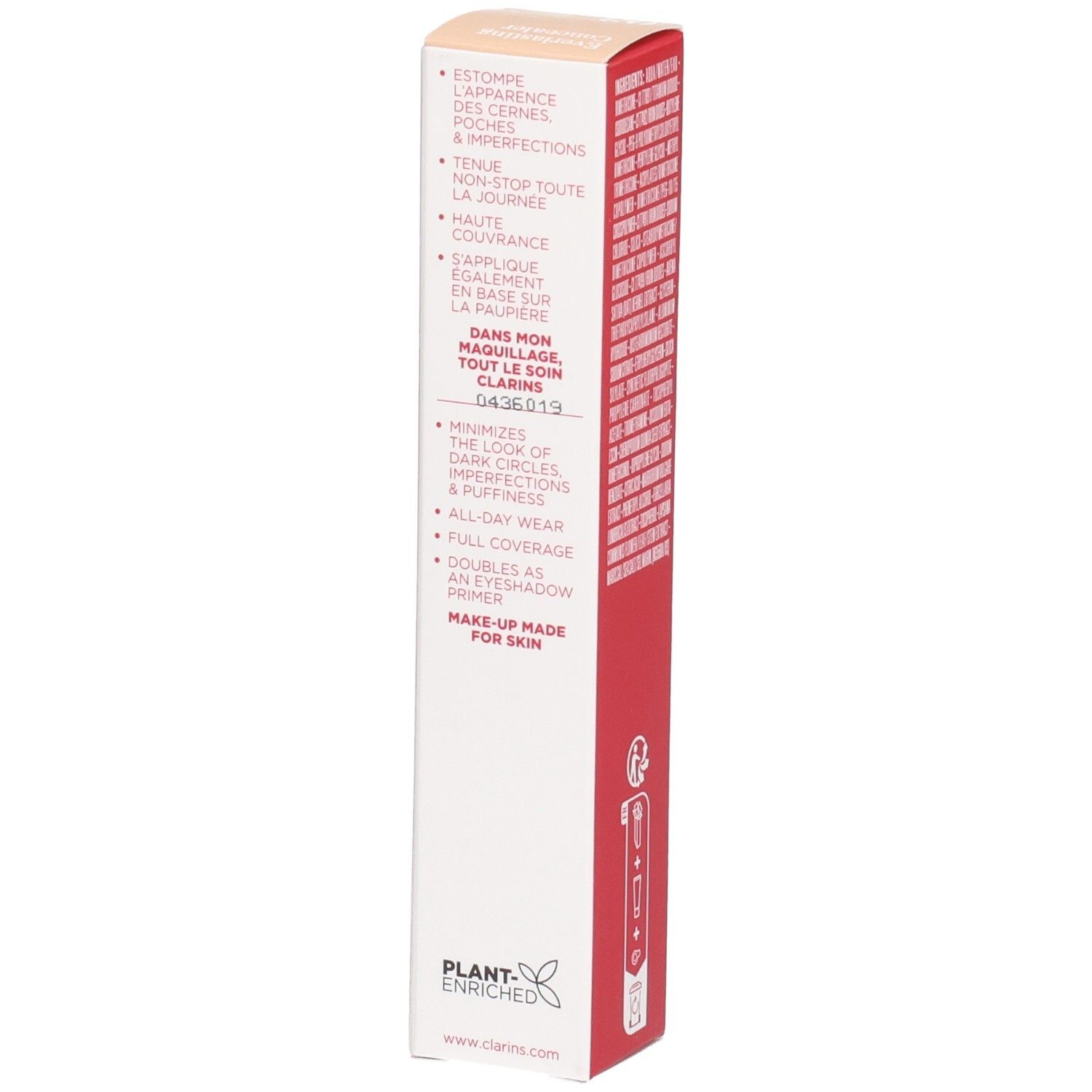 Clarins Everlasting Concealer 03 emballage extérieur, côté avec avantages produit et conseils d'application.
