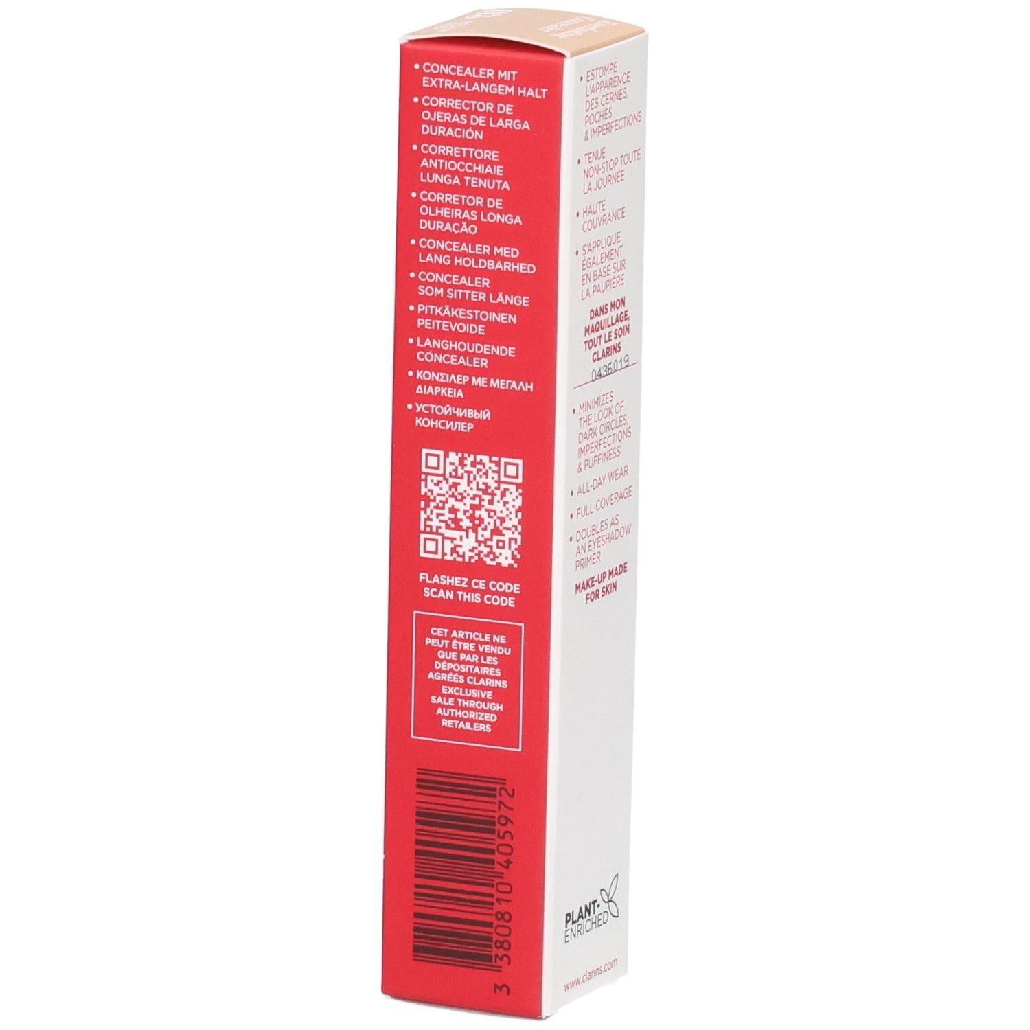 Clarins Everlasting Concealer 03 emballage extérieur, côté avec informations produit multilingues.