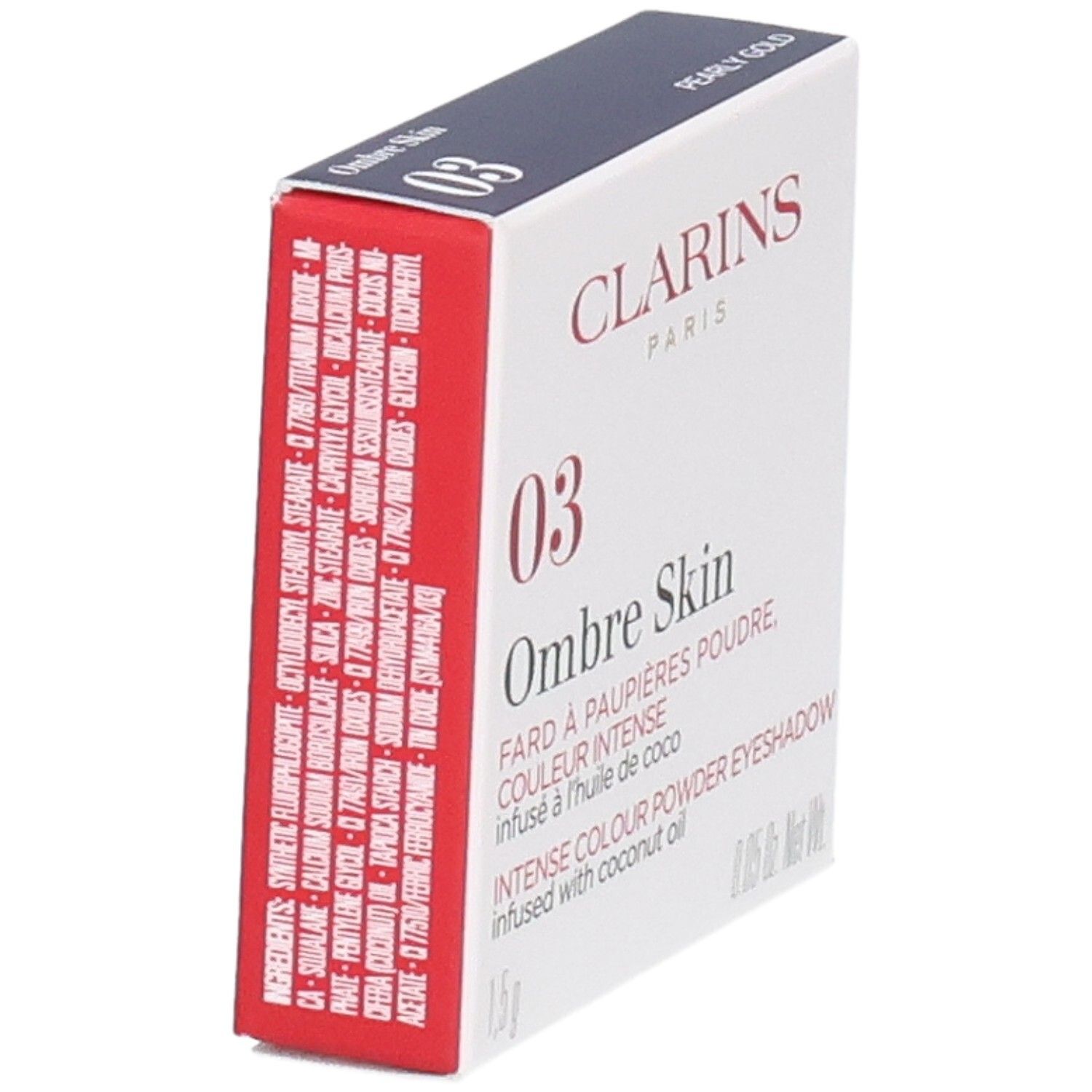 Clarins Ombre Skin fard à paupières 03 Pearly Gold, 1,5g, vue latérale avec ingrédients.