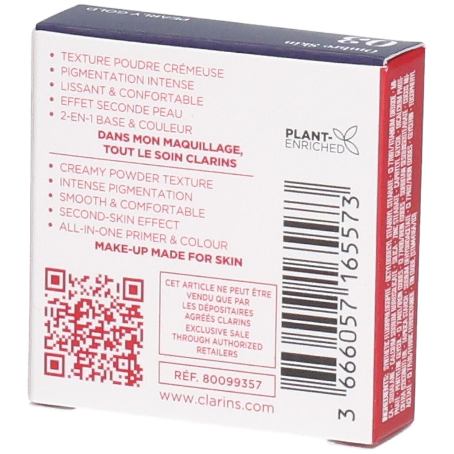Clarins Ombre Skin fard à paupières 03 Pearly Gold, dos avec caractéristiques produit et QR code.
