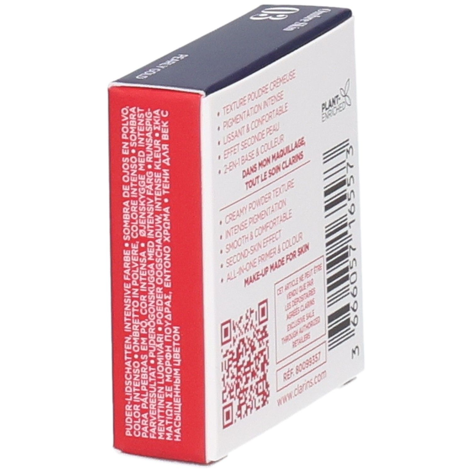 Clarins Ombre Skin fard à paupières 03 Pearly Gold, 1,5g, vue latérale avec description produit.