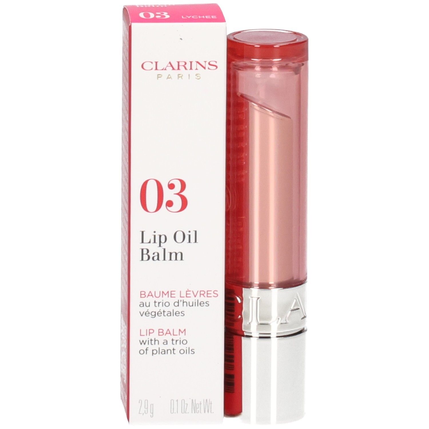 Clarins Lip Oil Balm 03 en boîte et tube. Baume à lèvres rosé avec un corps doré et argenté.