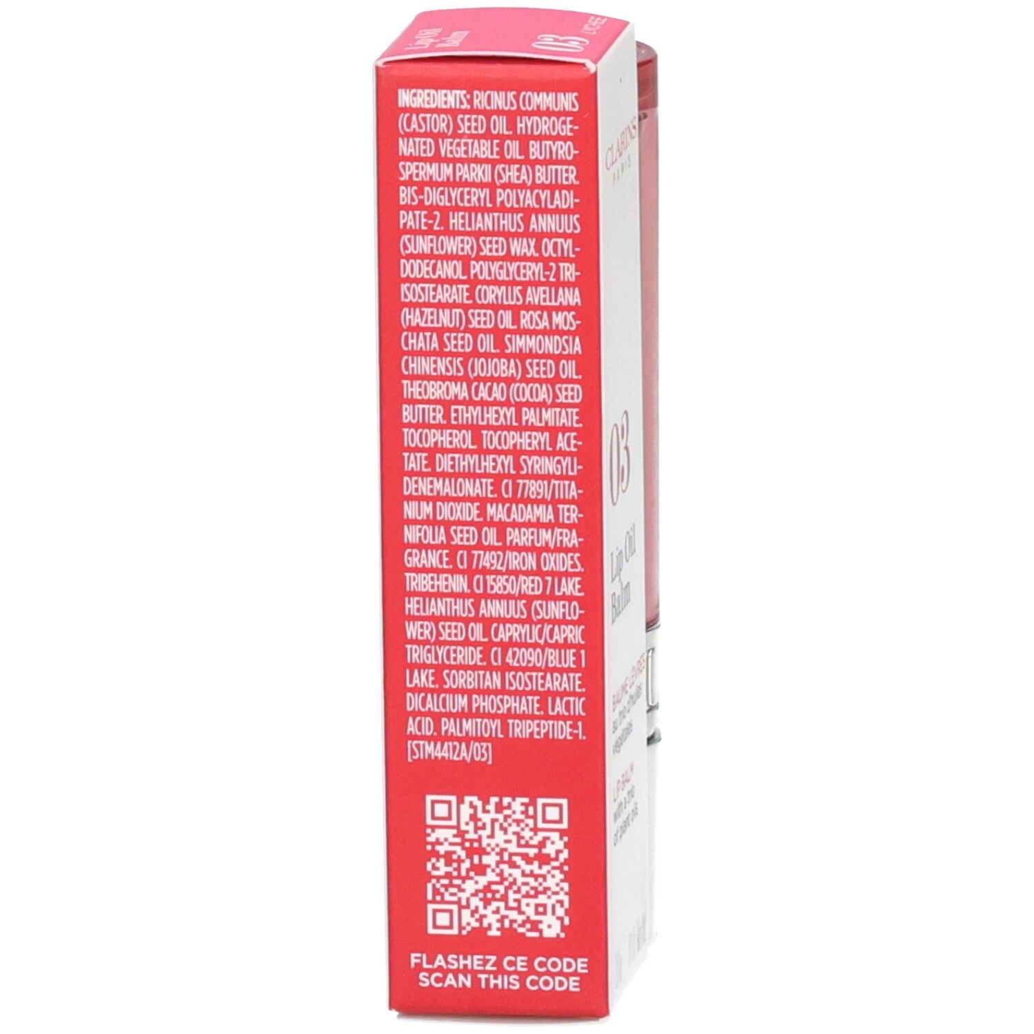 Clarins Lip Oil Balm 03 : Arrière de l'emballage avec ingrédients et code QR.