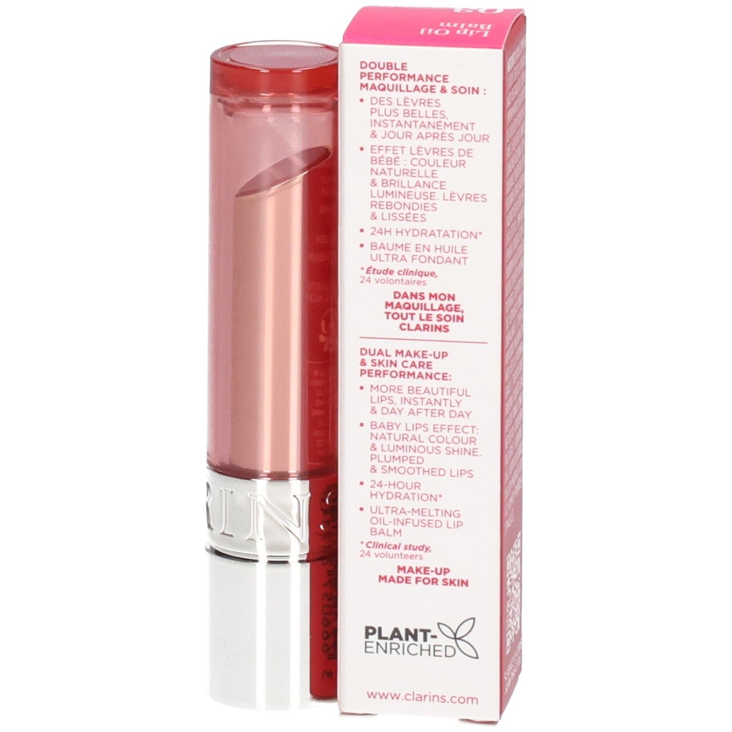 Clarins Lip Oil Balm 03 : Tube et emballage. Baume à lèvres rosé avec un corps doré et argenté.