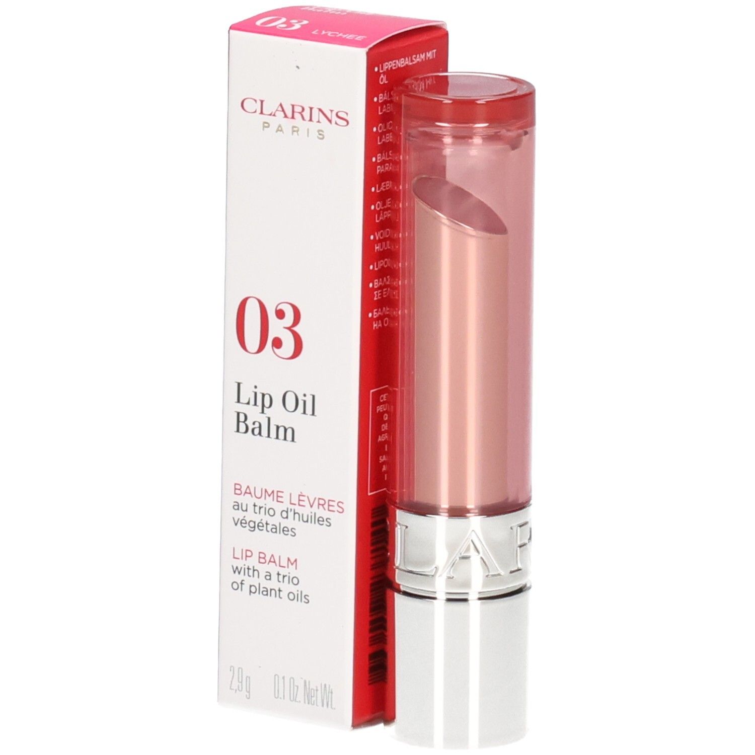 Clarins Lip Oil Balm 03 en boîte et tube. Baume à lèvres rosé avec un corps doré et argenté.