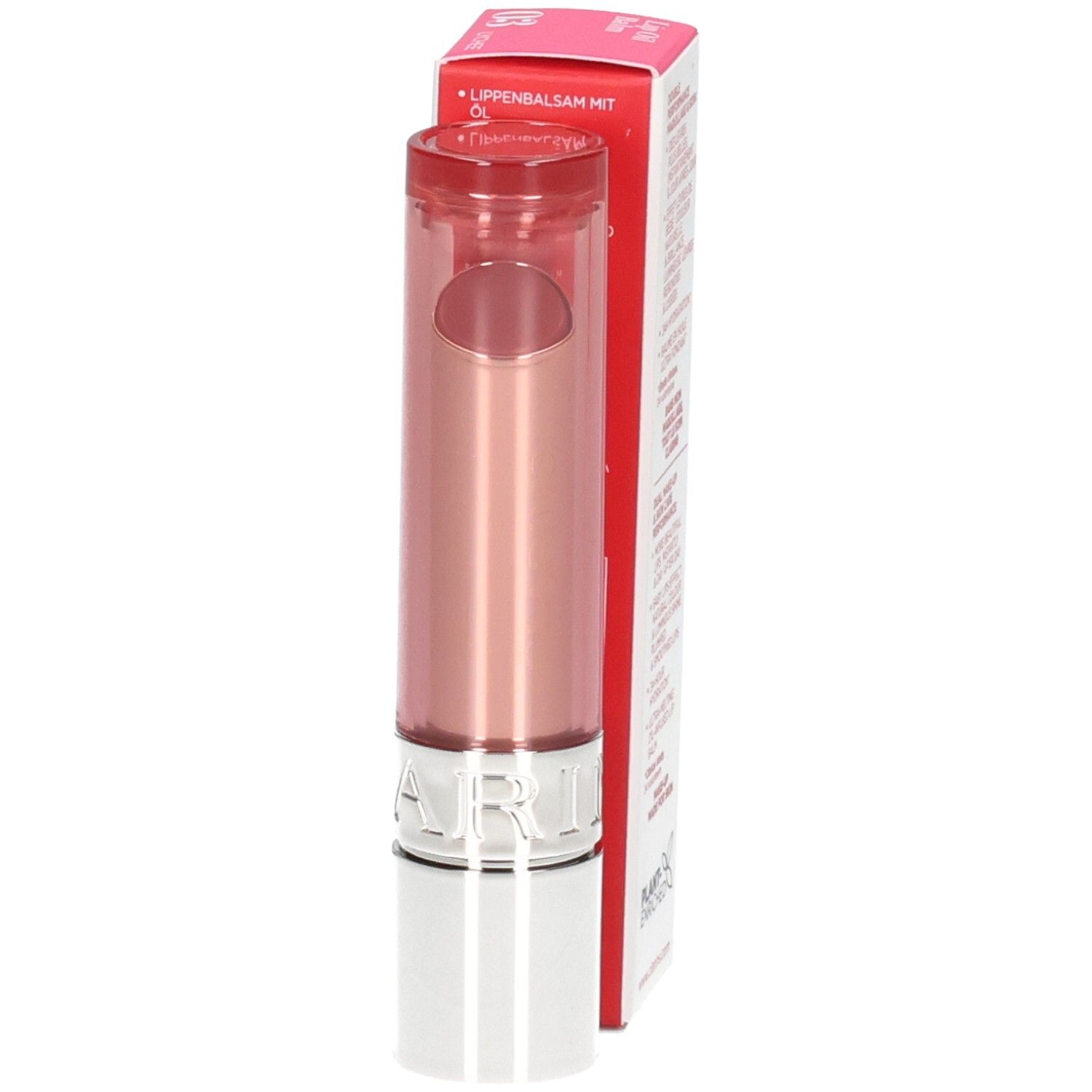 Clarins Lip Oil Balm 03 : Baume à lèvres dans un tube rose avec un corps argenté.