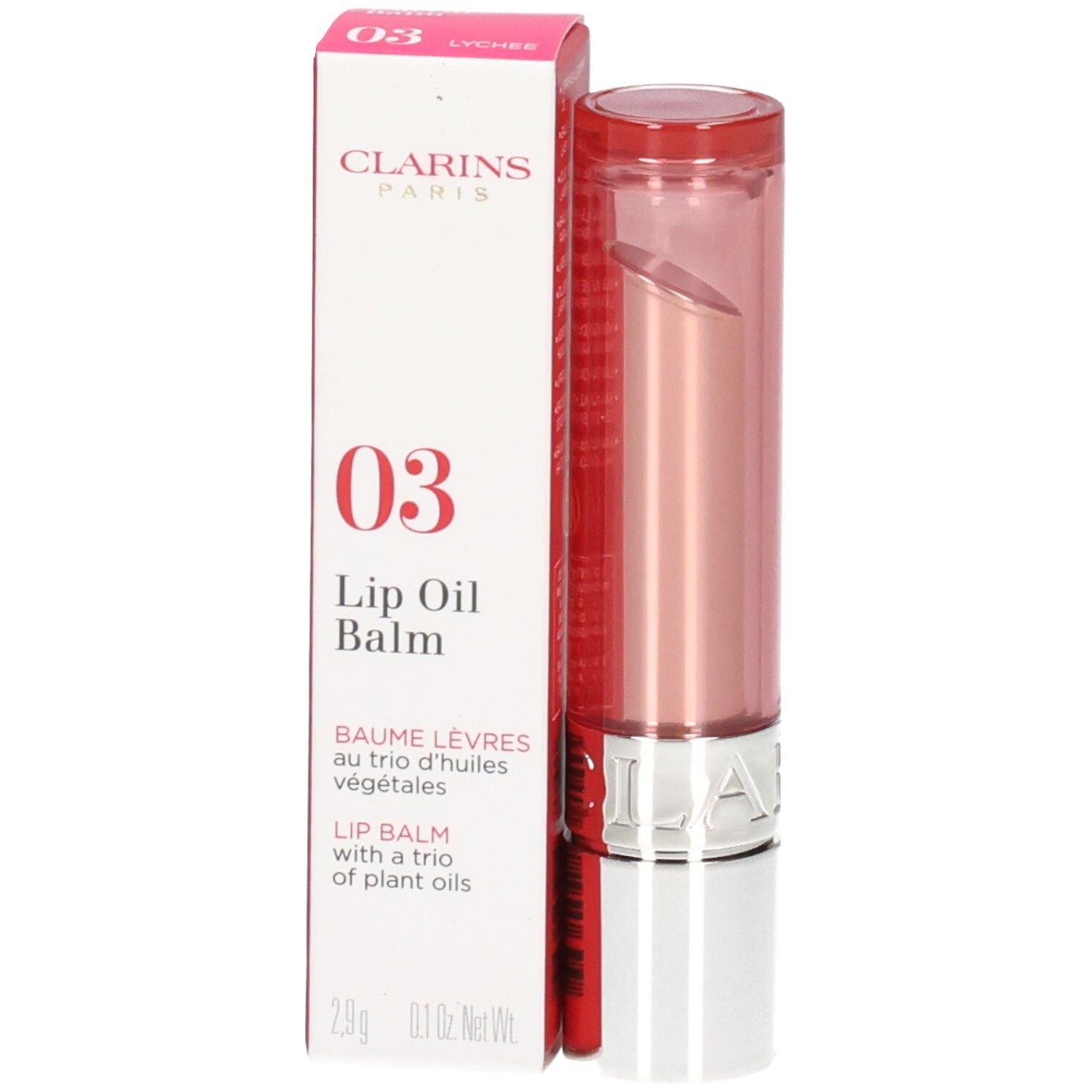 Clarins Lip Oil Balm 03 en boîte et tube. Baume à lèvres rosé avec un corps doré et argenté.