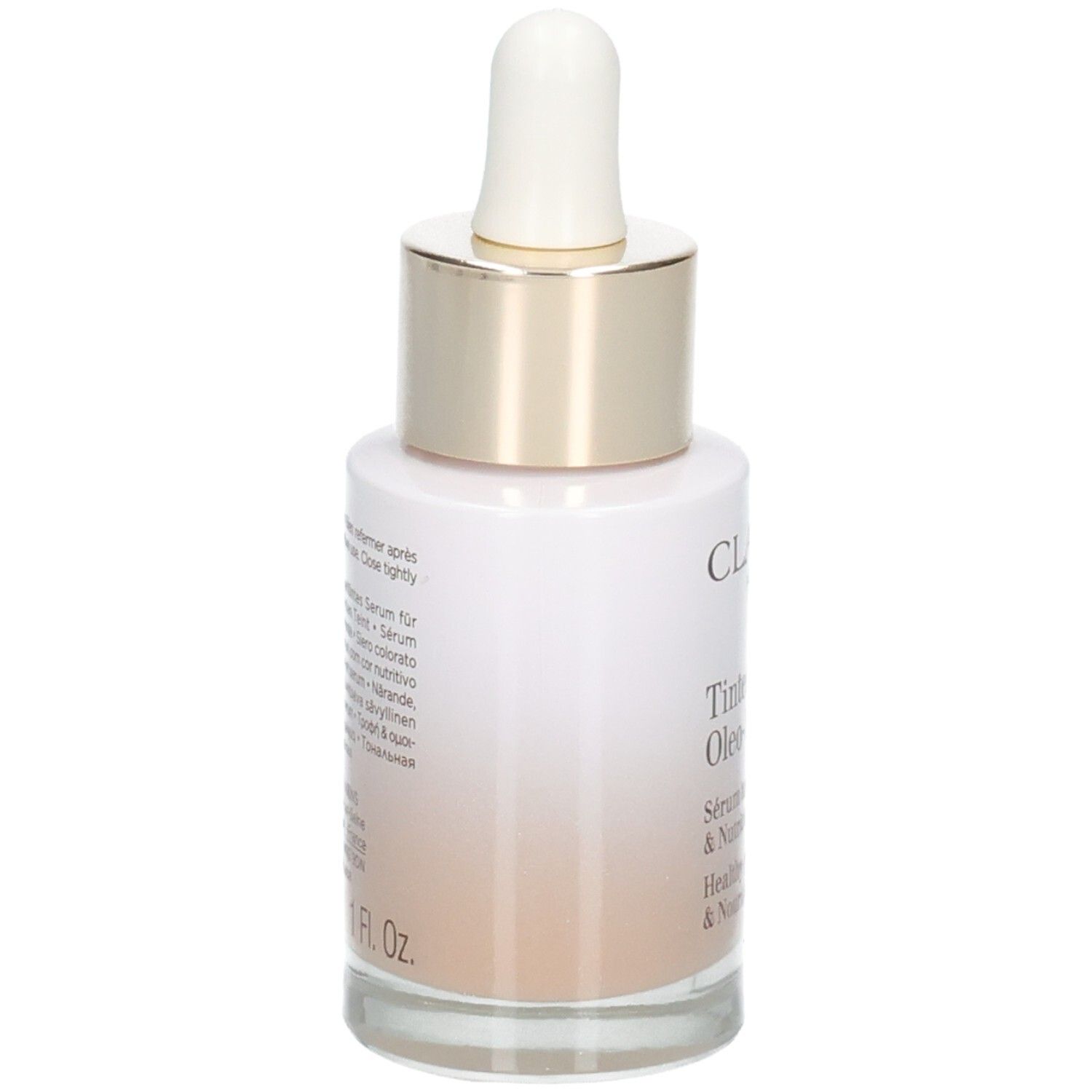 Flacon Clarins Tinted Oleo-Serum avec pipette, verso avec instructions d'utilisation, 30ml.