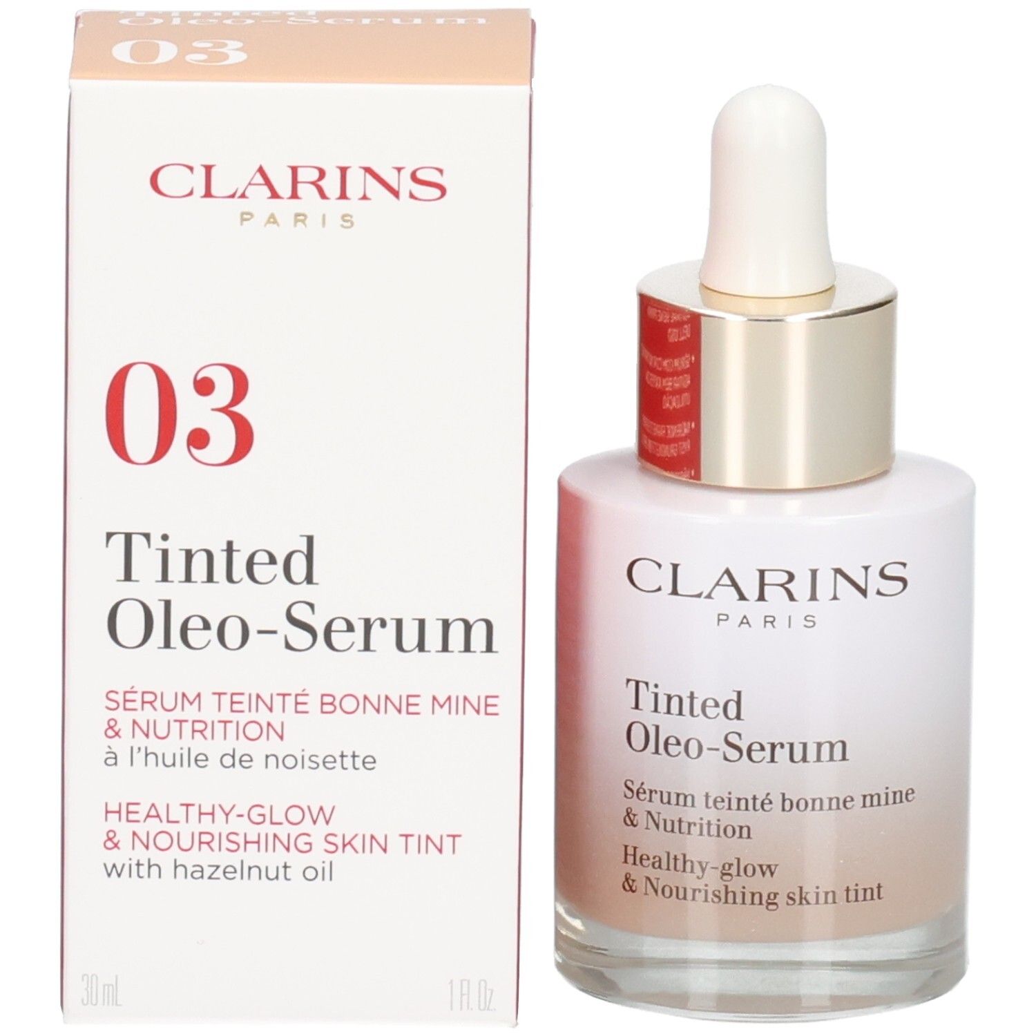 Flacon et boîte Clarins Tinted Oleo-Serum, teinte 03, 30ml.
