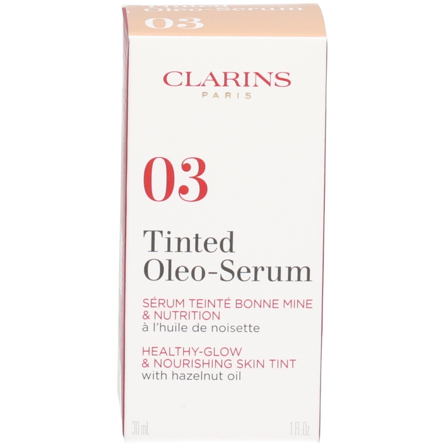 Boîte Clarins Tinted Oleo-Serum, teinte 03, 30ml.