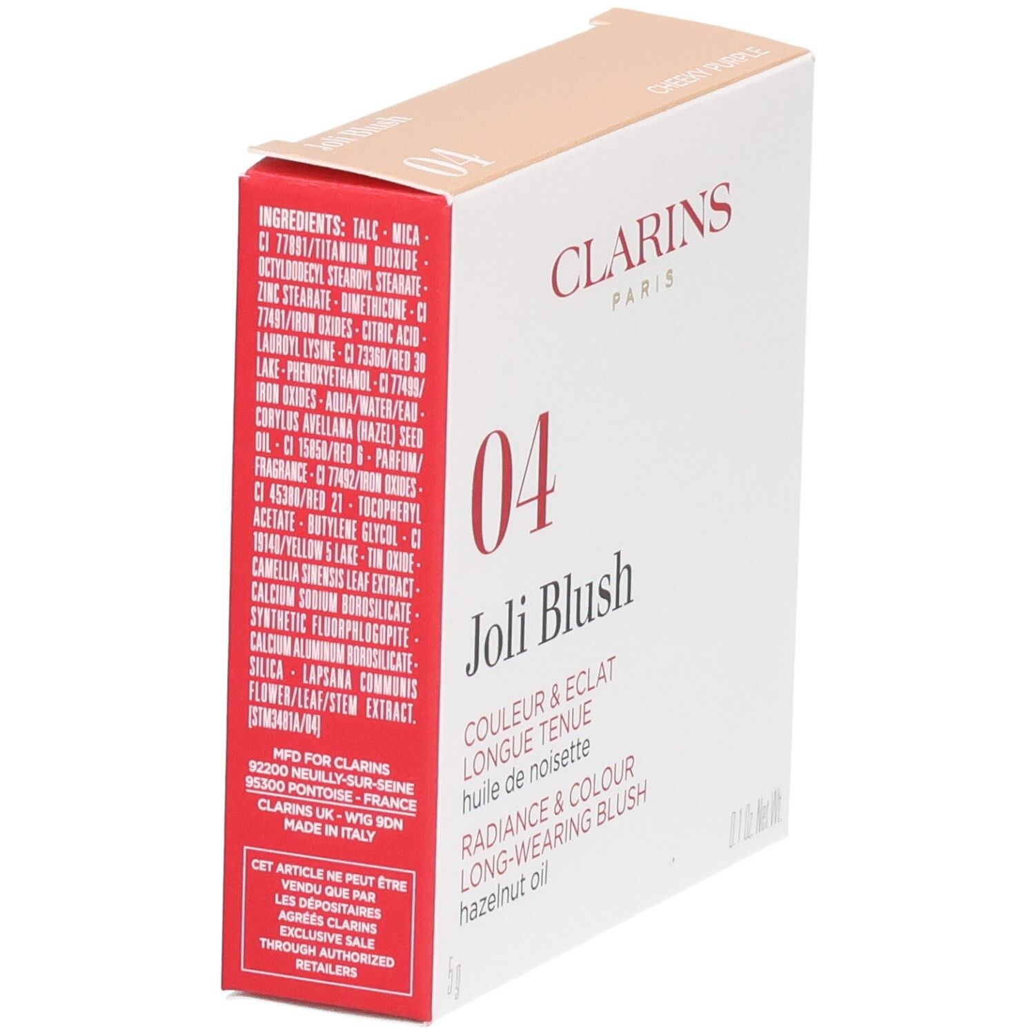 Emballage Clarins Joli Blush 04 Cheeky Purple, verso avec ingrédients.