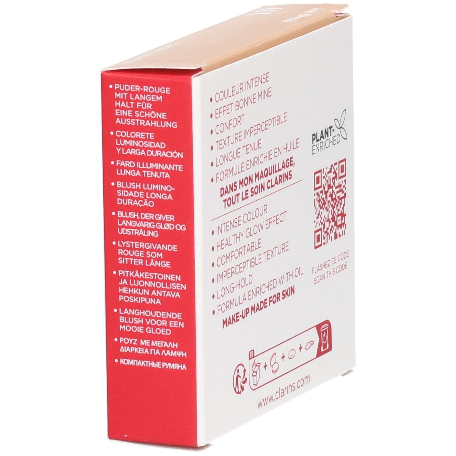 Emballage Clarins Joli Blush 04 Cheeky Purple, côté avec caractéristiques produit et QR code.