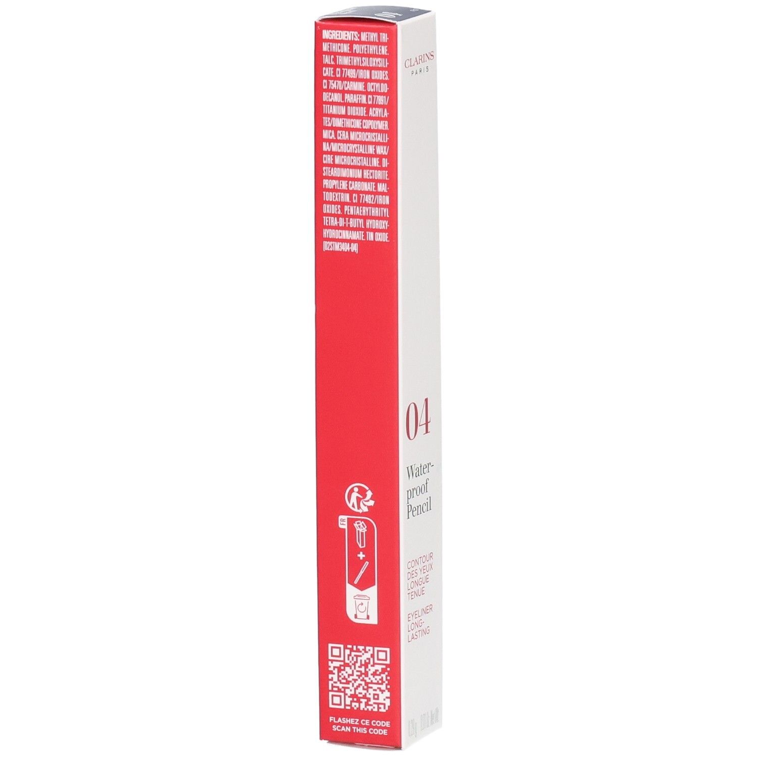 Clarins Waterproof Eye Pencil 04 Fig emballage avec ingrédients et code QR.