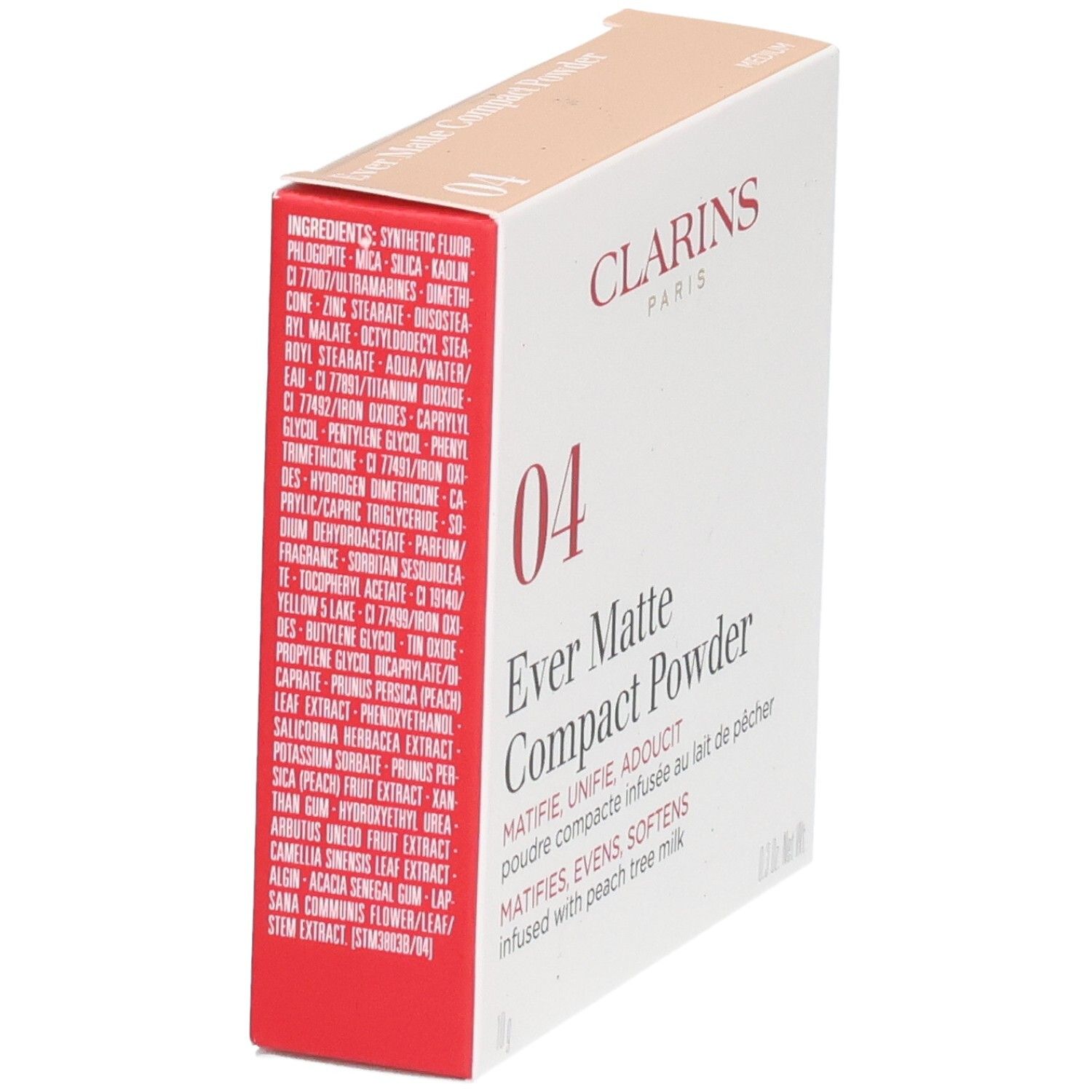 Clarins Ever Matte Compact Powder 04 Medium emballage extérieur avec ingrédients.