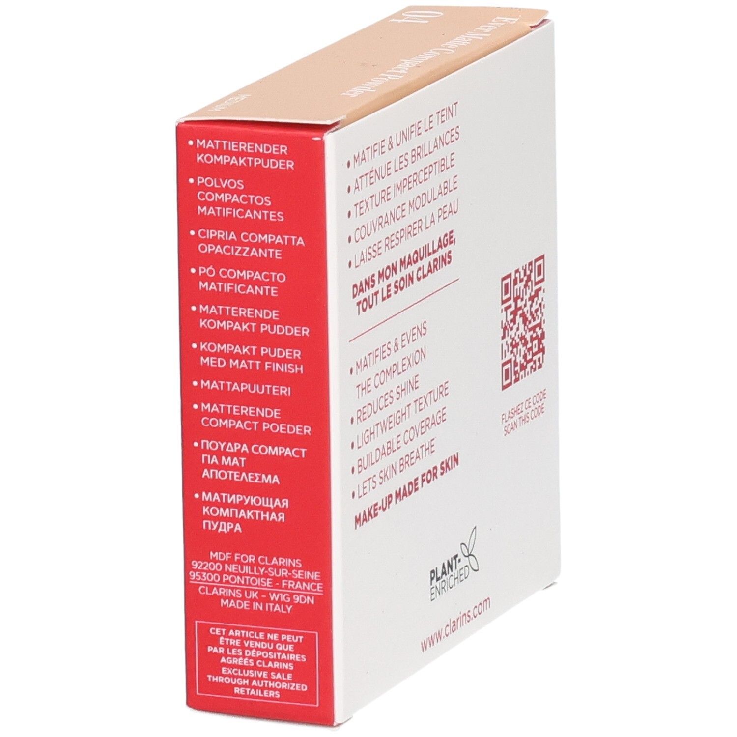 Clarins Ever Matte Compact Powder 04 Medium vue latérale de l'emballage extérieur avec noms de produits multilingues.