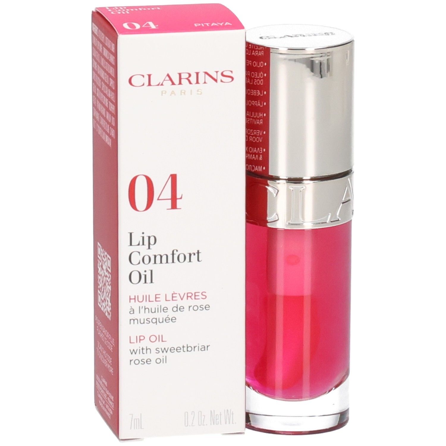 Clarins Lip Comfort Oil 04 Pitaya dans son emballage et flacon avec bouchon argenté.