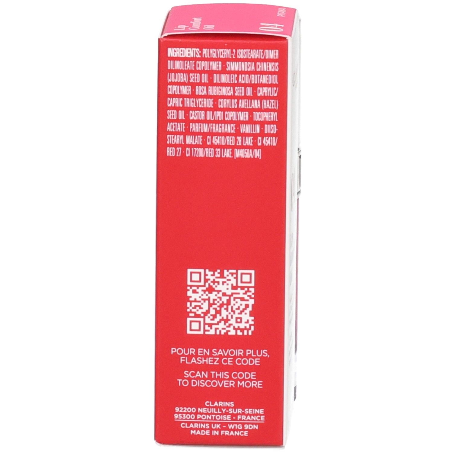 Emballage rouge Clarins avec liste des ingrédients et code QR.