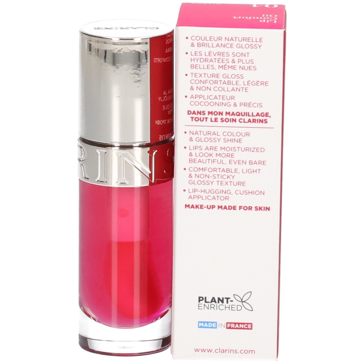 Clarins Lip Comfort Oil 04 Pitaya, flacon avec bouchon argenté et description au dos.