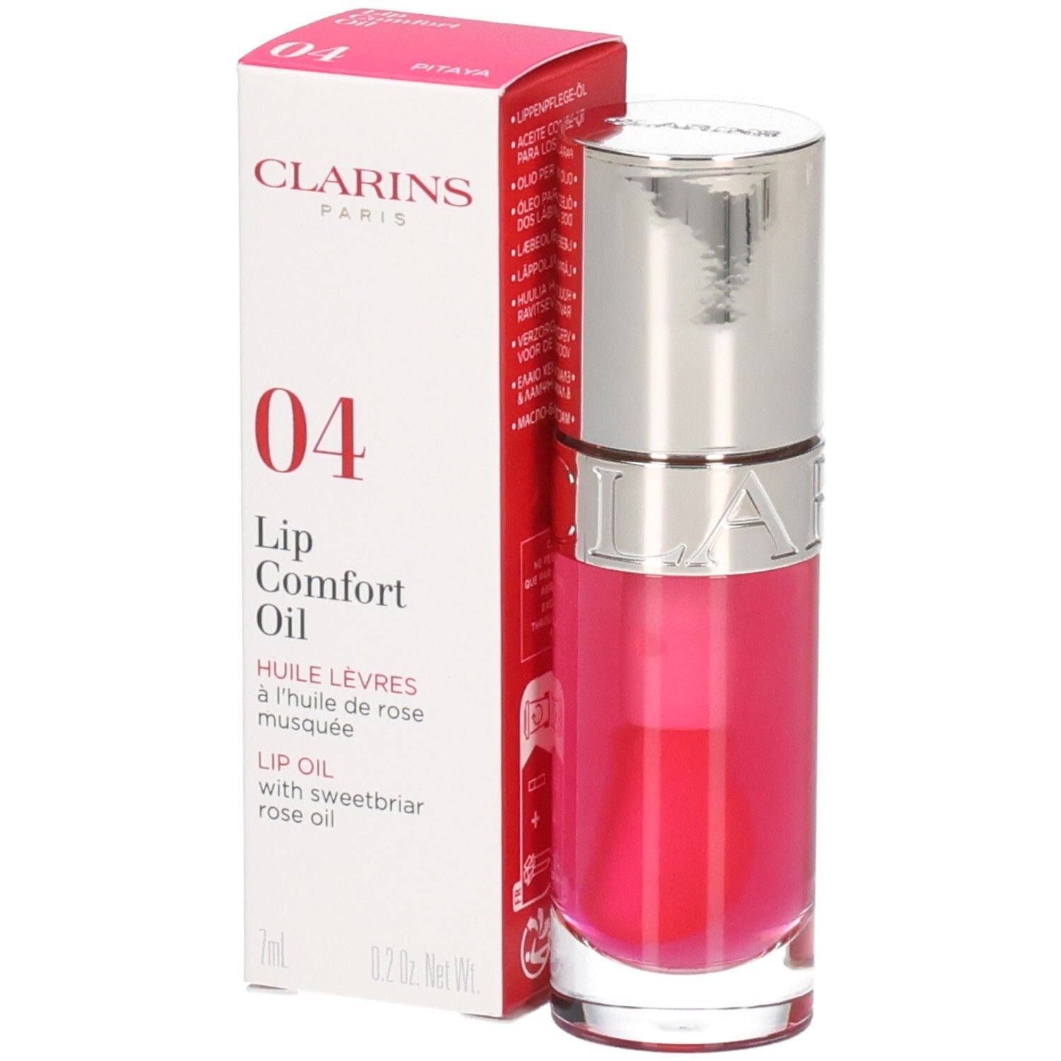 Clarins Lip Comfort Oil 04 Pitaya dans son emballage et flacon avec bouchon argenté.
