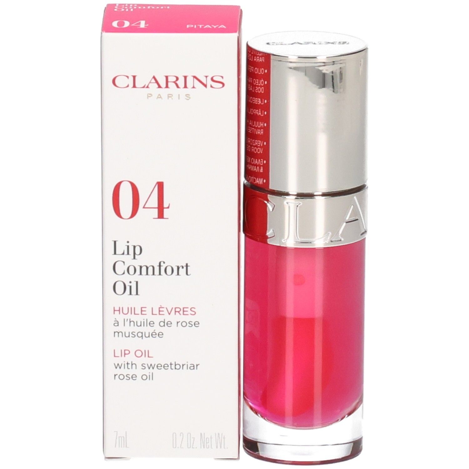 Clarins Lip Comfort Oil 04 Pitaya dans son emballage et flacon avec bouchon argenté.