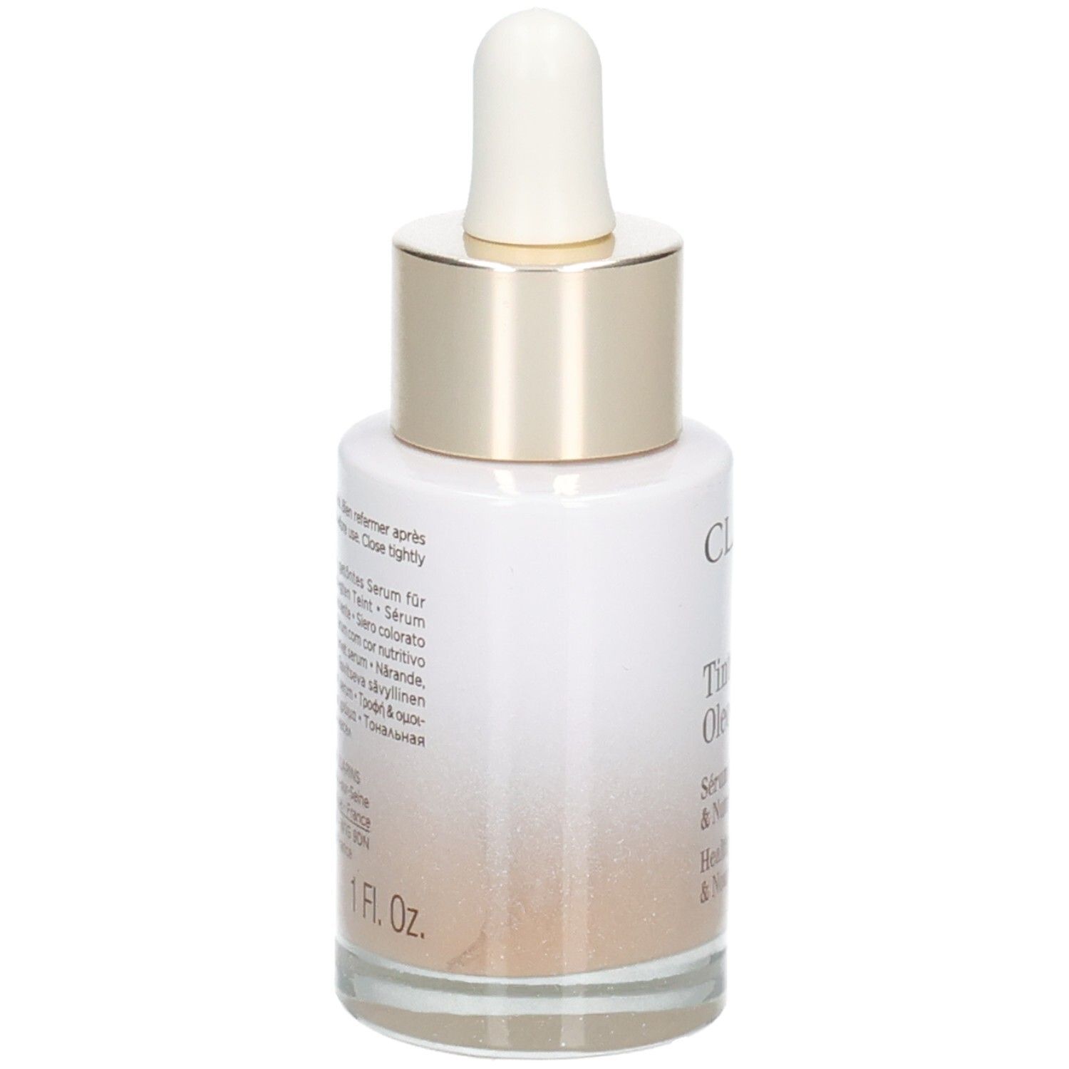 Flacon Clarins Tinted Oleo-Serum, verso avec informations produit et pipette.