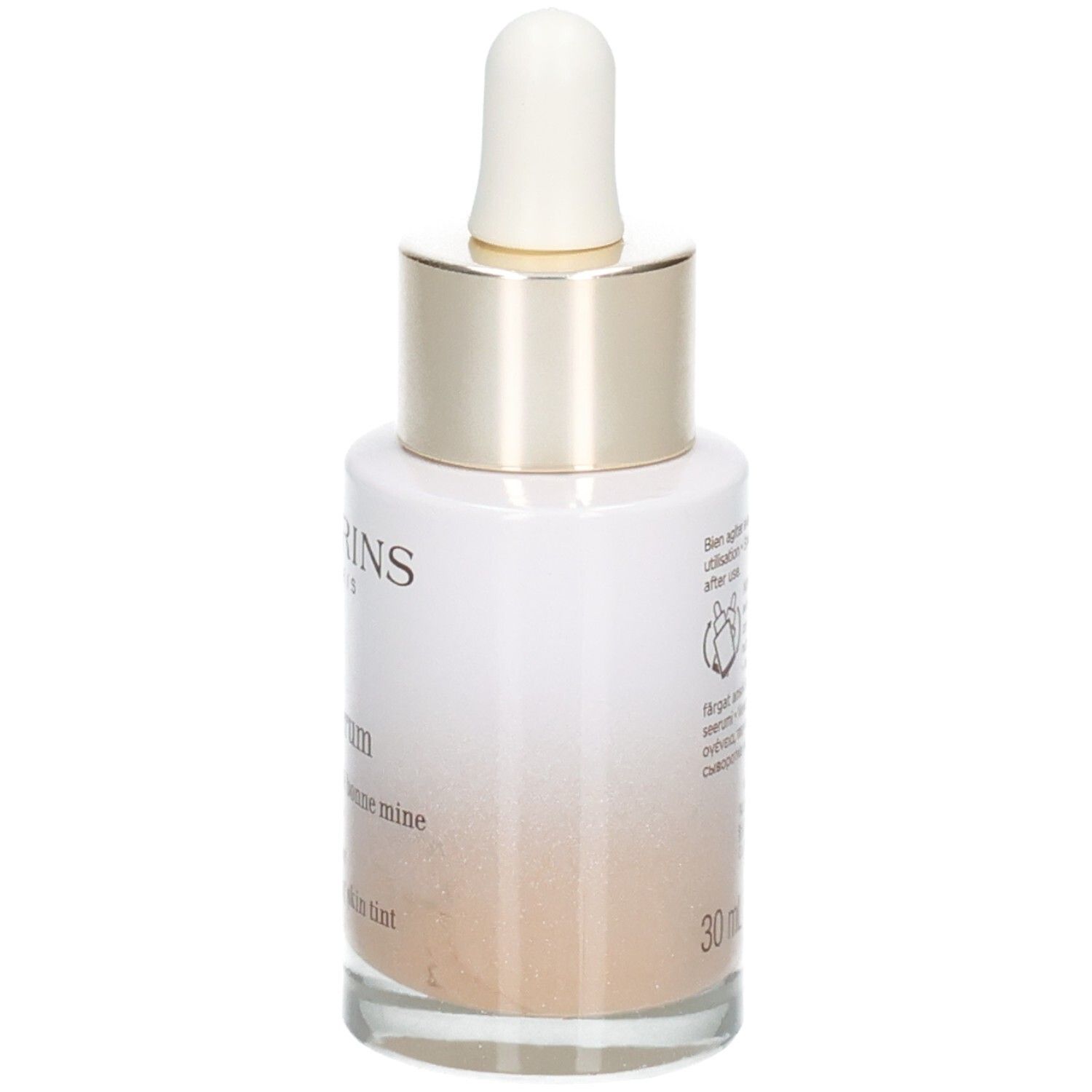 Flacon Clarins Tinted Oleo-Serum, côté avec informations produit et pipette.