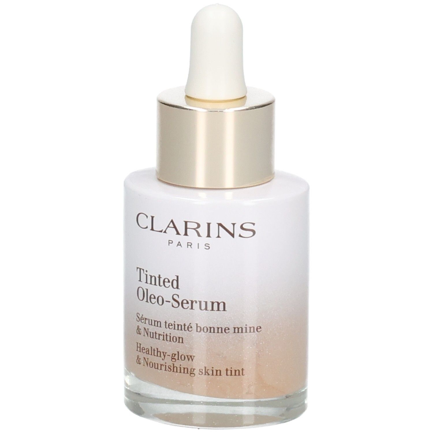 Flacon Clarins Tinted Oleo-Serum avec pipette. Anneau doré et bouchon blanc.