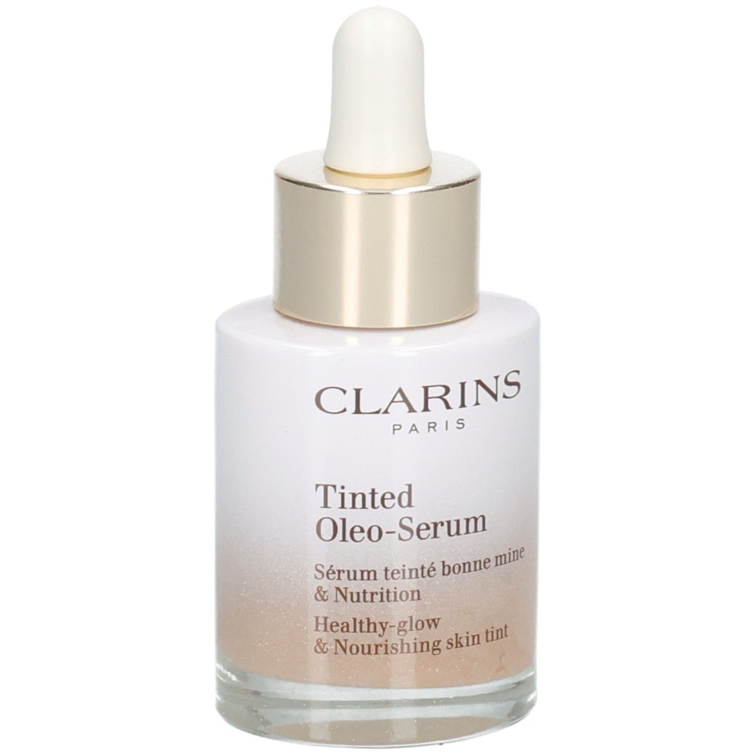 Flacon Clarins Tinted Oleo-Serum avec pipette. Anneau doré et bouchon blanc.