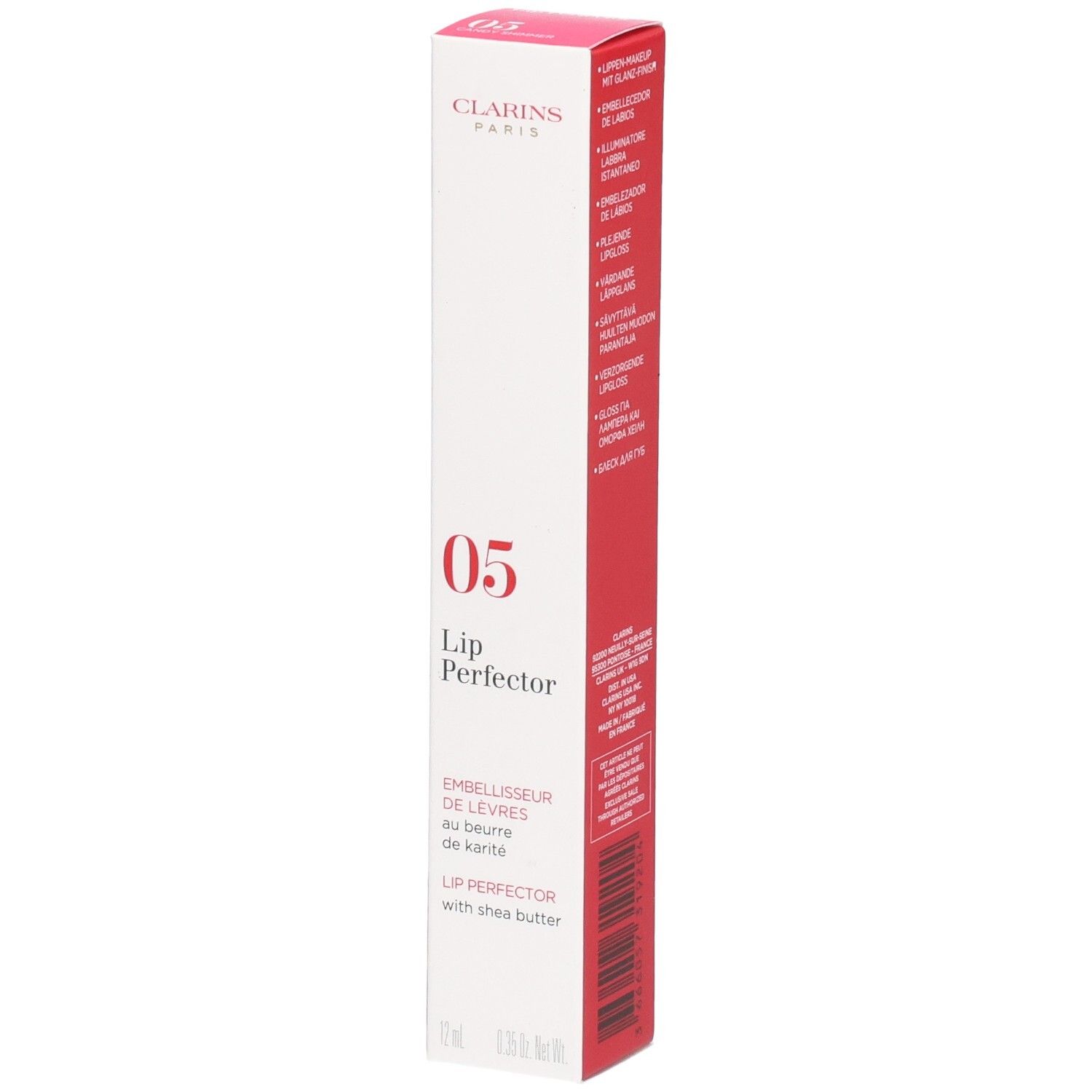 Clarins Lip Perfector 05 en boîte pliante, face avant avec informations produit.