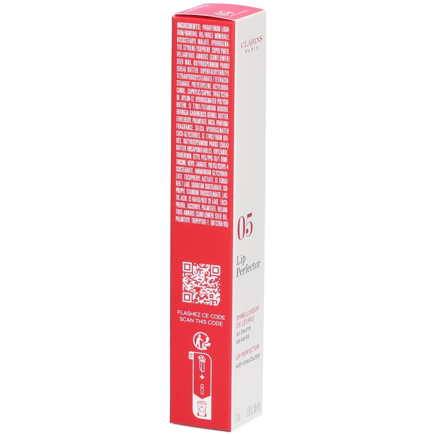 Boîte pliante Clarins Lip Perfector 05, dos avec liste des ingrédients et QR code.