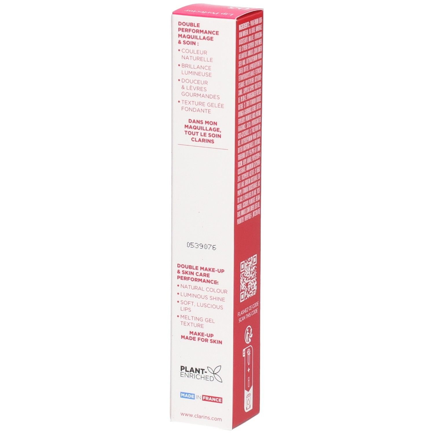 Boîte pliante Clarins Lip Perfector 05, côté avec avantages produit et indication d'origine.