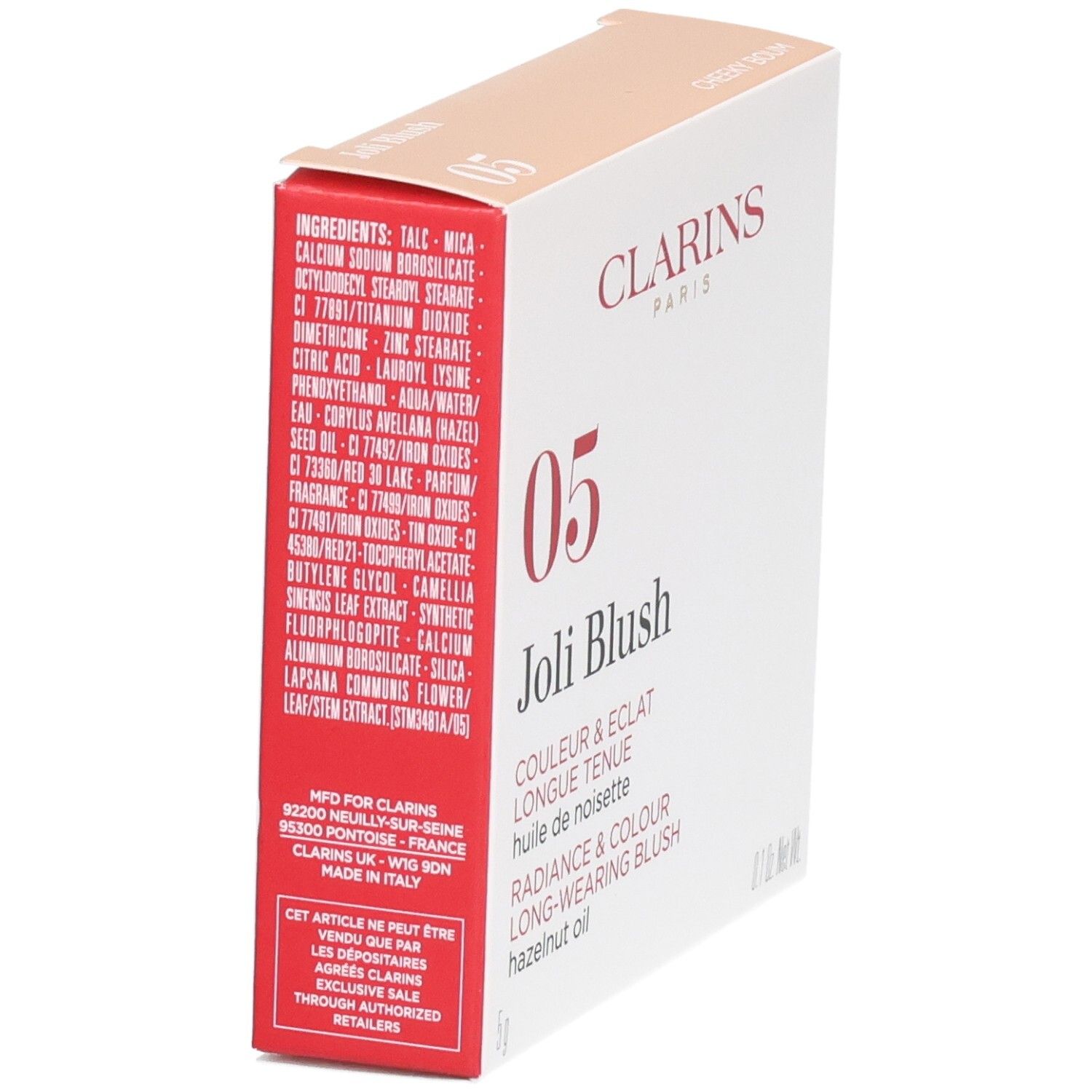Emballage Clarins Joli Blush 05 Cheeky Boum, côté avec ingrédients et lieu de fabrication.