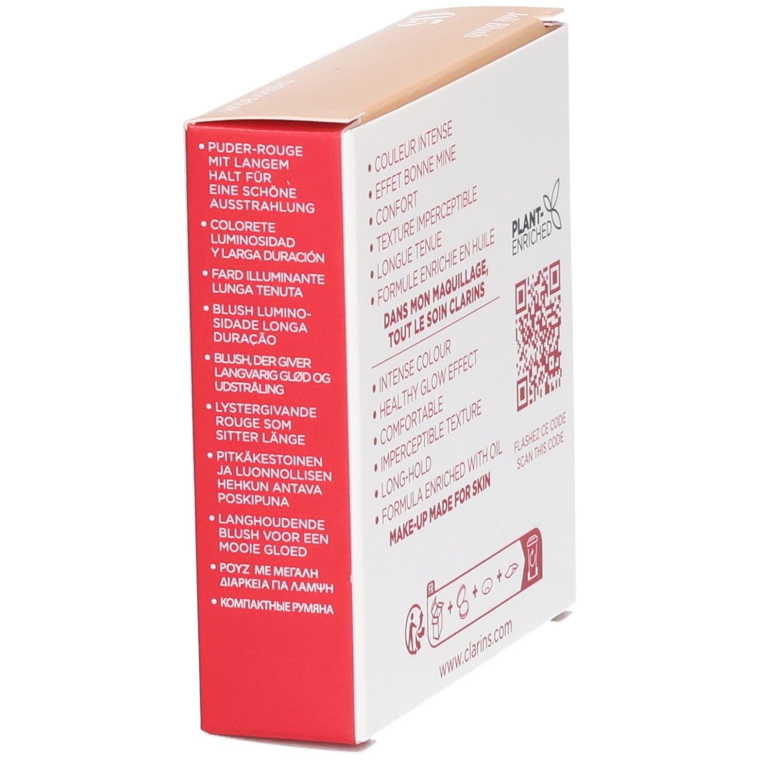 Emballage Clarins Joli Blush 05 Cheeky Boum, côté avec caractéristiques produit multilingues.