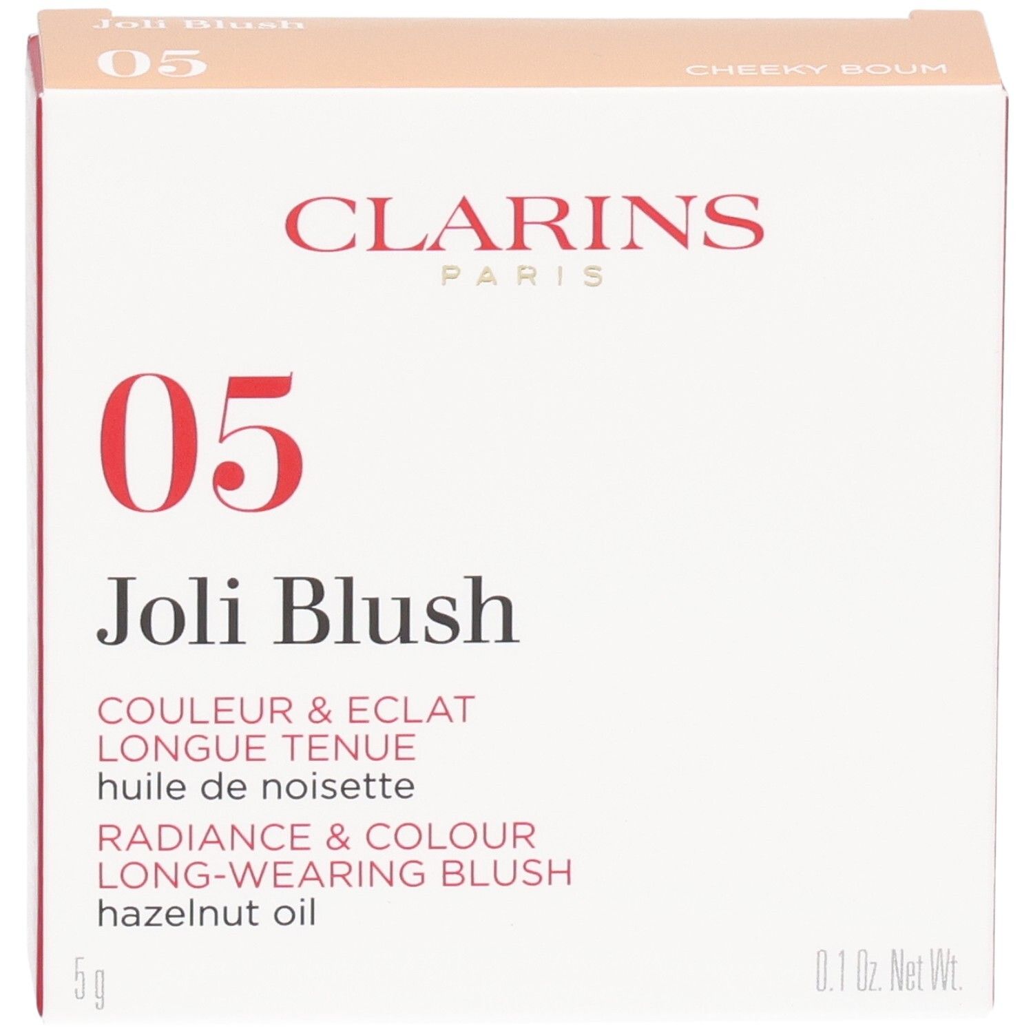 Emballage Clarins Joli Blush 05 Cheeky Boum, face avant avec nom produit et numéro couleur 05.